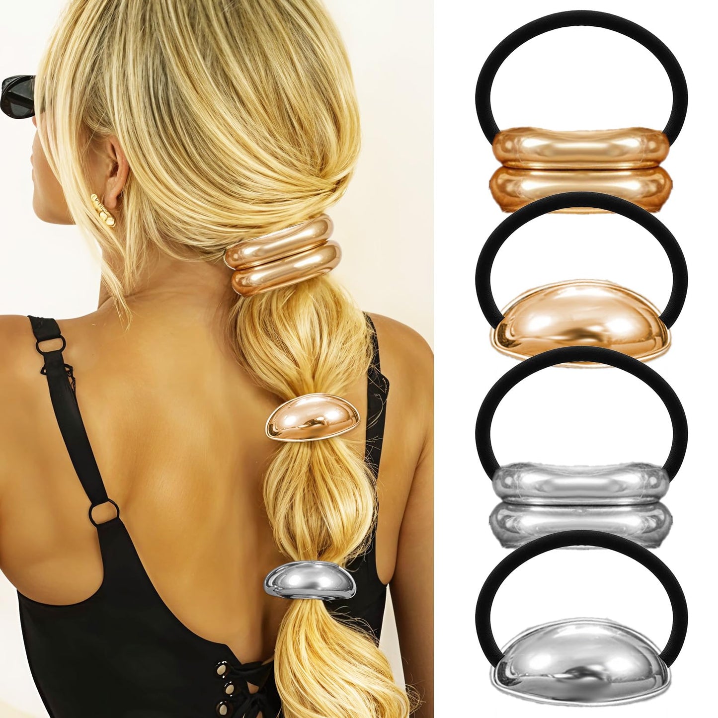 Yuanchu Pack of 4 Metal Hair Cuffs, Ponytail Hair Clip, 2 Styles, Gold Silver Hair Band, Fashion Elastic Ponytail Holder, Elegant Hair Band, Hair Accessories for Women and Girls