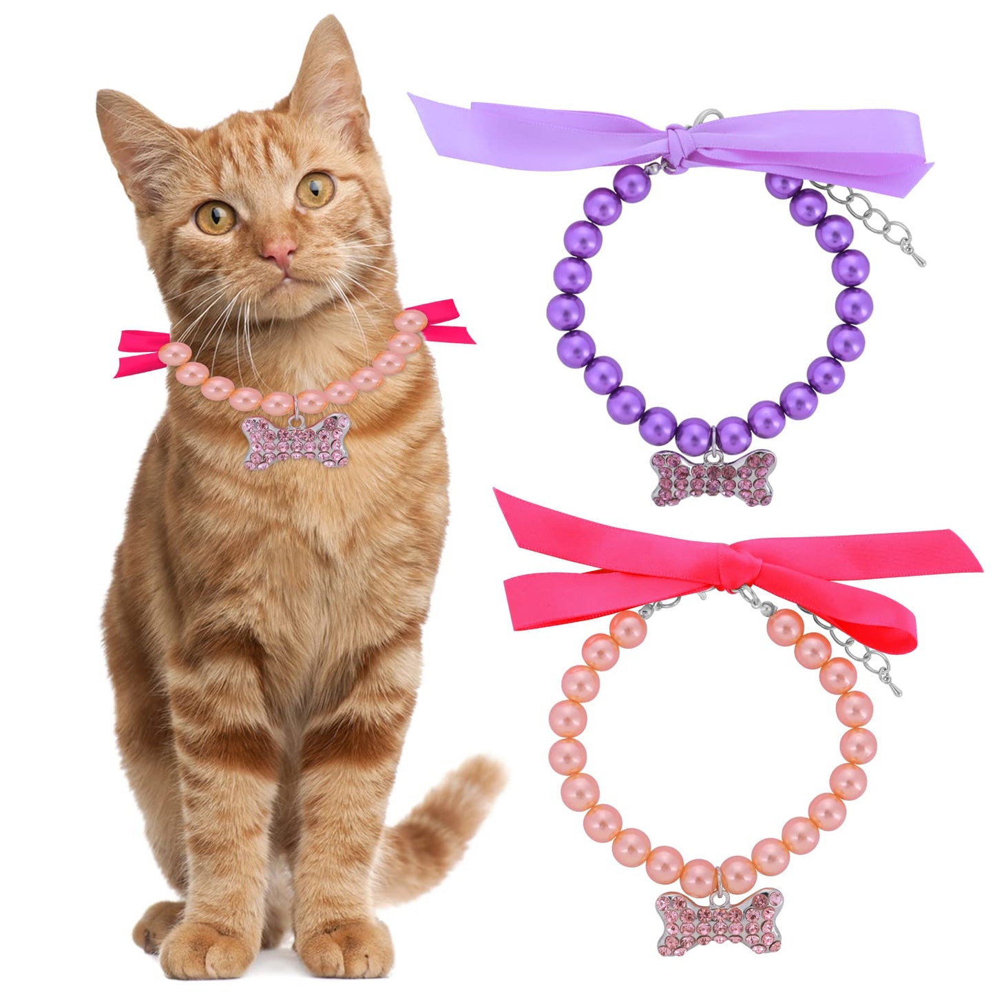 cobee Dog Cat Pearl Collar, 2 Pieces Bling Necklace Collar for Puppy Kitten Adjustable Cat Collar with Crystal Rhinestone Pearl Neck Strap for Small Girl Cat Dog, Purple and Pink