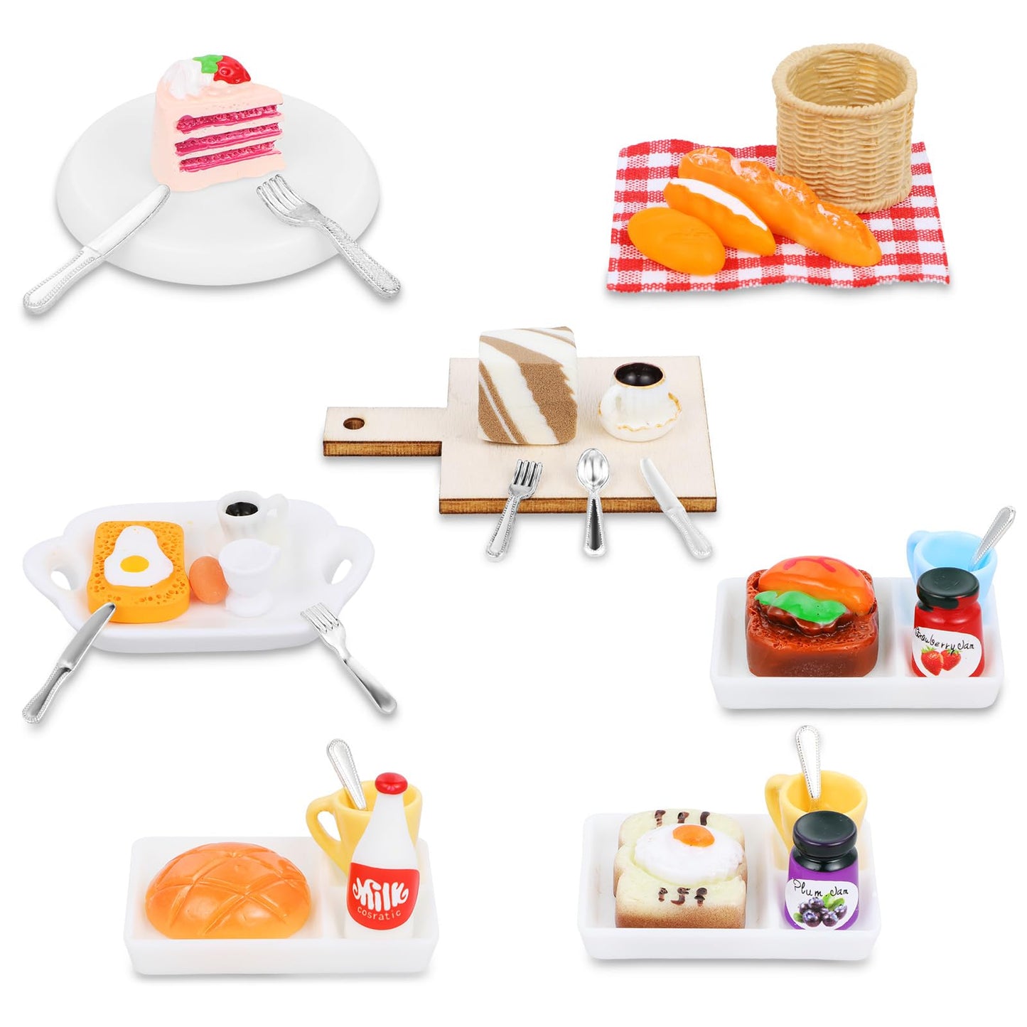 Amabro Dollhouse Miniature Food Drink, 37 Pcs Mini Dollhouse Breakfast Scene Set 1:12 Food Toy Doll House Kitchen Accessories Mini Food Model for Dollhouse Decoration Pretend Play