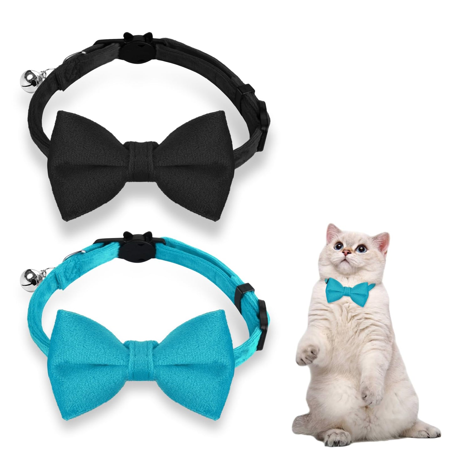 Giantree 2 Pcs Breakaway Cat Collars with Bell and Bow, Cute Cat Bow Tie Collar Adjustable Velvet Pet Collar for Pet Kitten Cats and Puppy Graduation Wedding Birthday Pet Party Bowtie Collar