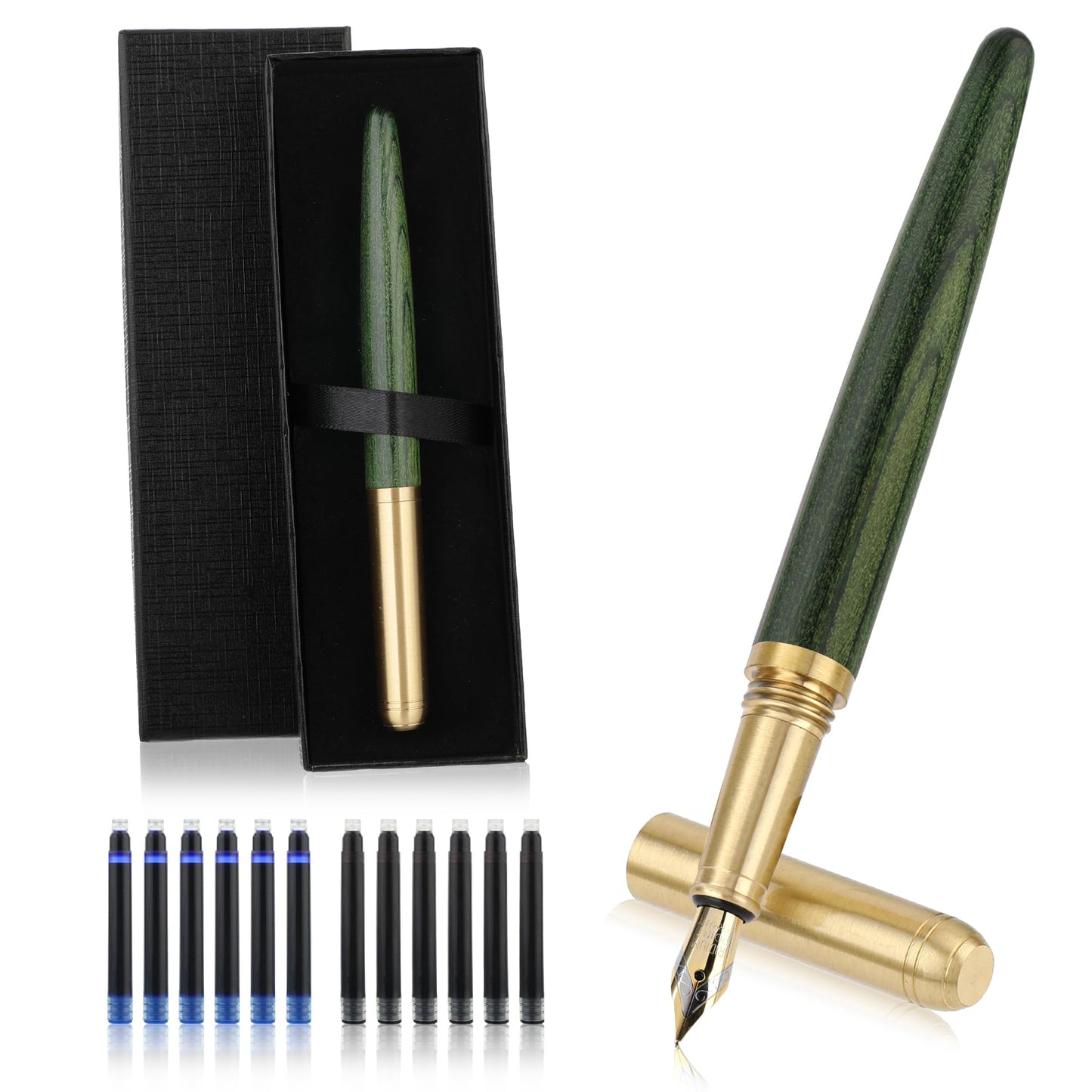 cobee Handcrafted Wooden Fountain Pens Set, Vintage Luxury Wood Fountain Pen 0.5mm Fine Point Smooth Writing Pen With 12 Ink 2.6 mm Cartridges and Gift Box for Journaling Calligraphy Supplies(D)