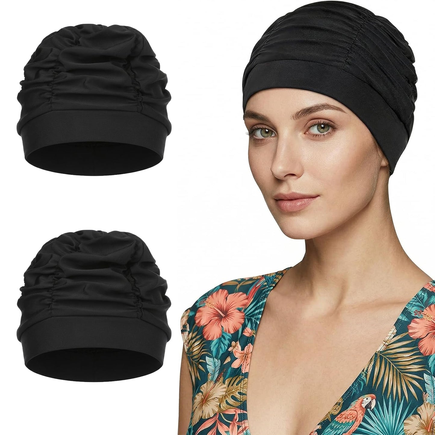 Amabro Breathable Swimming Cap Soft Women's Elastic Fabric for Long Hair Summer Beach Swimming Pool (Black)