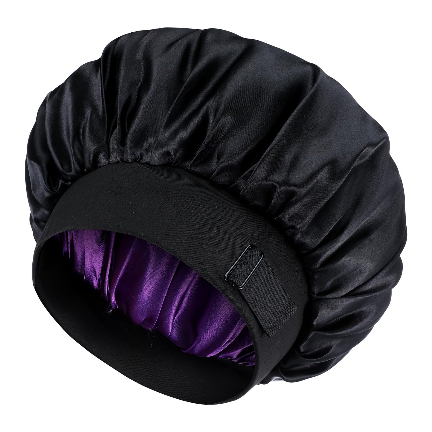 Yuanchu Satin Bonnet Adjustable Sleep Cap, Night Hair Care Protection Head Cap, Women's Men's Hair Cap, Sleeping Silk Sleep Cap, Curly Long Hair, Straight, Breathable (Black + Purple)