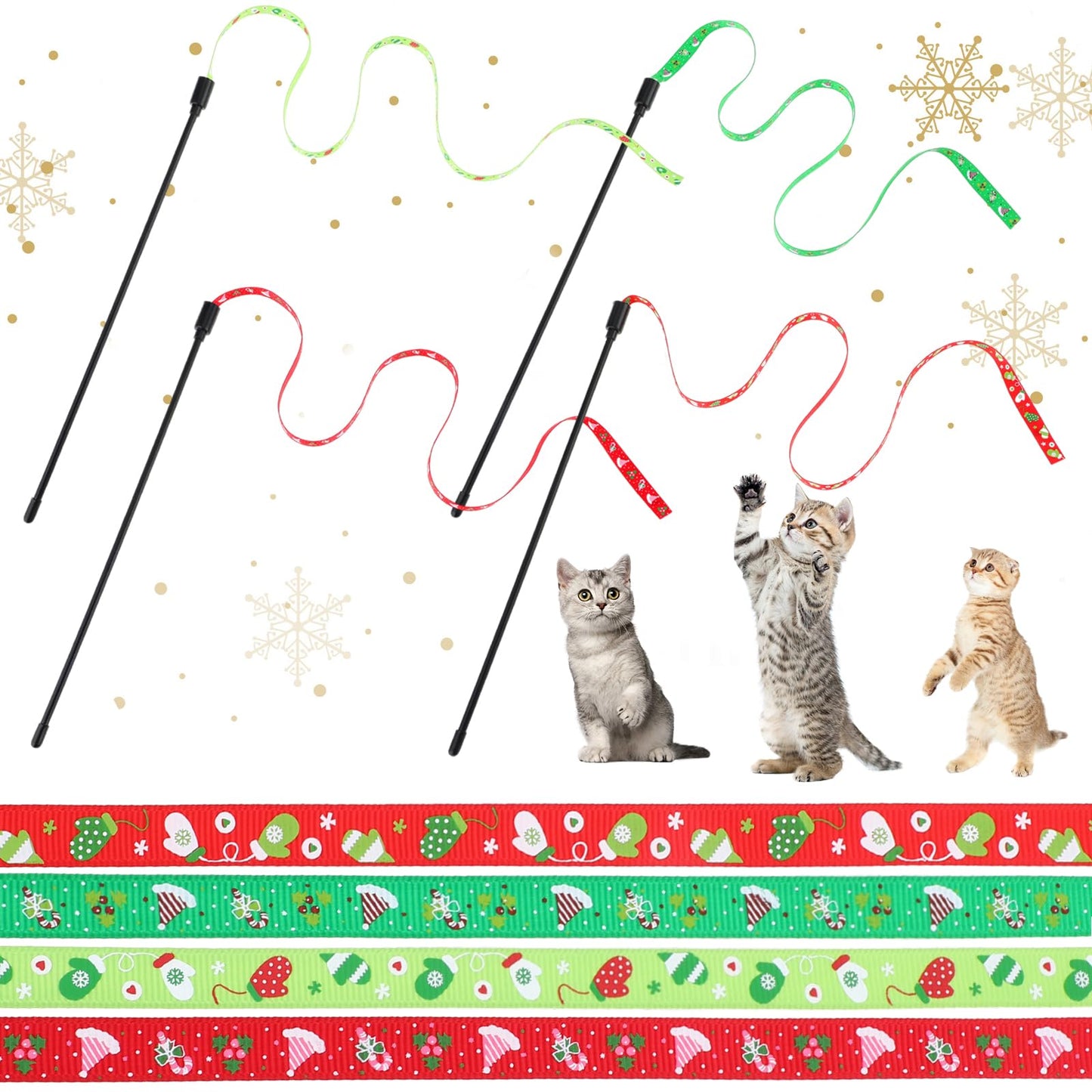 Amaxiu Christmas Cat Wand Toys, 4PCS Interactive Cat String Toys Colorful Ribbon Wand for Kittens Training Interactive Wand Stick Cat Toy for Kitten Cat Exerciser Playing(60x1cm/23.6x0.39inch)