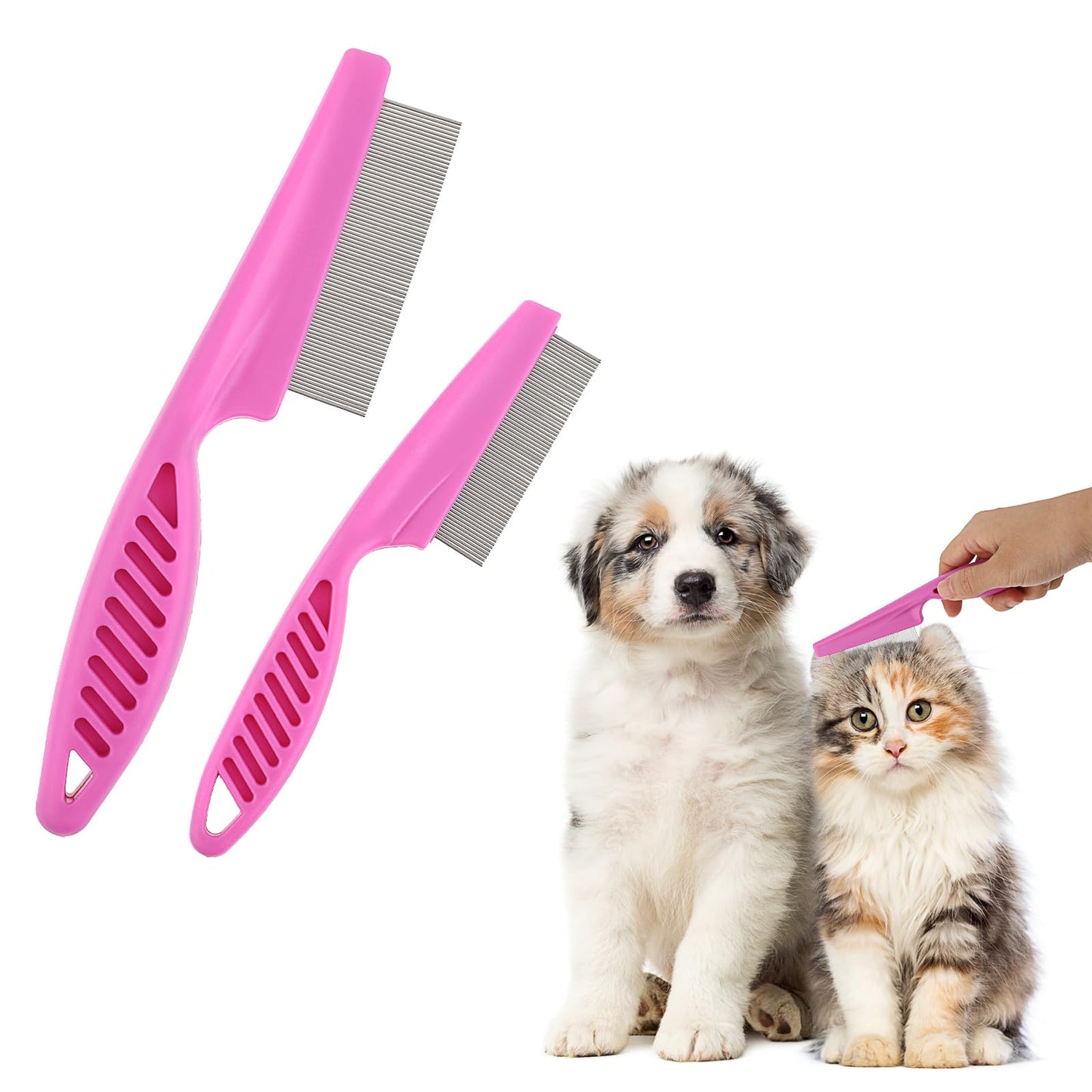 TIESOME Pet Hair Comb Tear Stain Removal,2 Pack Multifunctional Pets Grooming Comb Kit 2 in 1 Dog Combs Stainless Grooming Massage Dual-Sided Comb for Knots Crust Floating Hair Fleas(Pink)