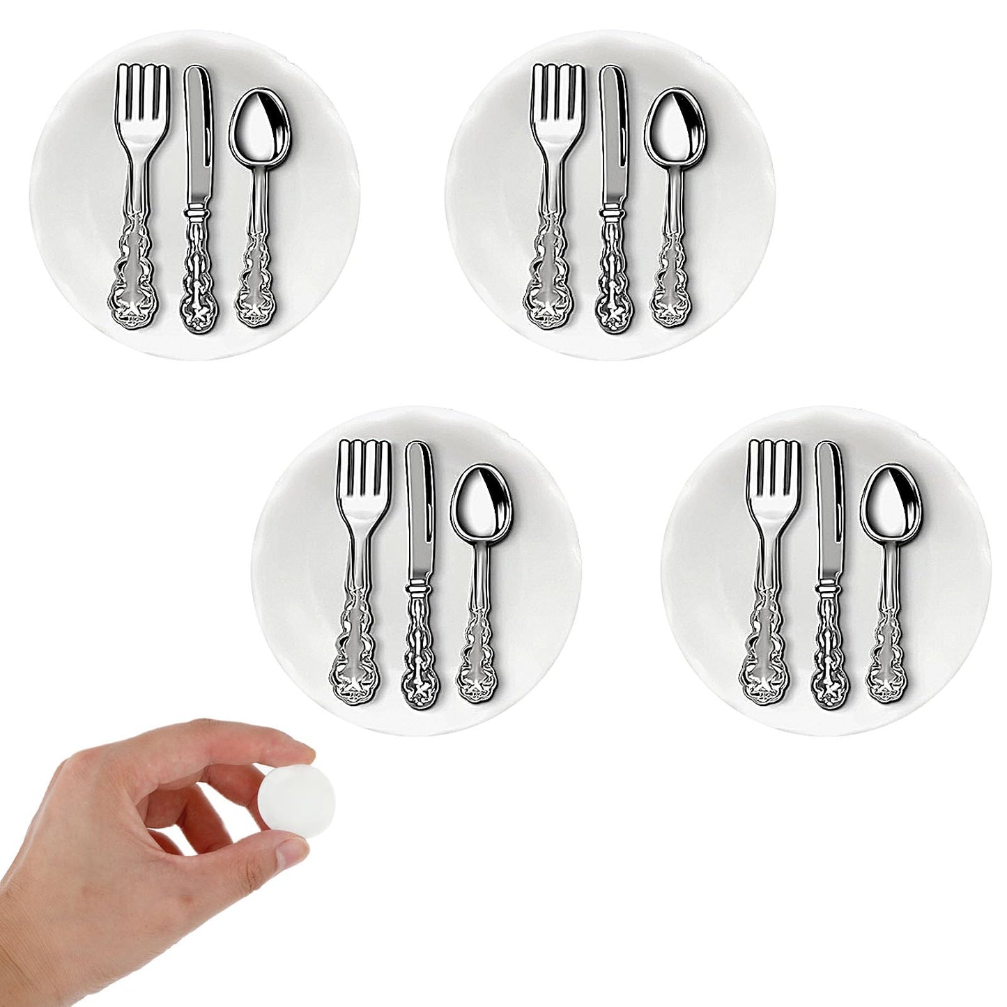TIESOME Dollhouse Kitchen Accessories Set, 4 Pcs Miniature Plates with 8 Pcs Mini Metal Tablewares Porcelain Plate Model 1:12 Dollhouse Kitchen Decoration for Pretend Play