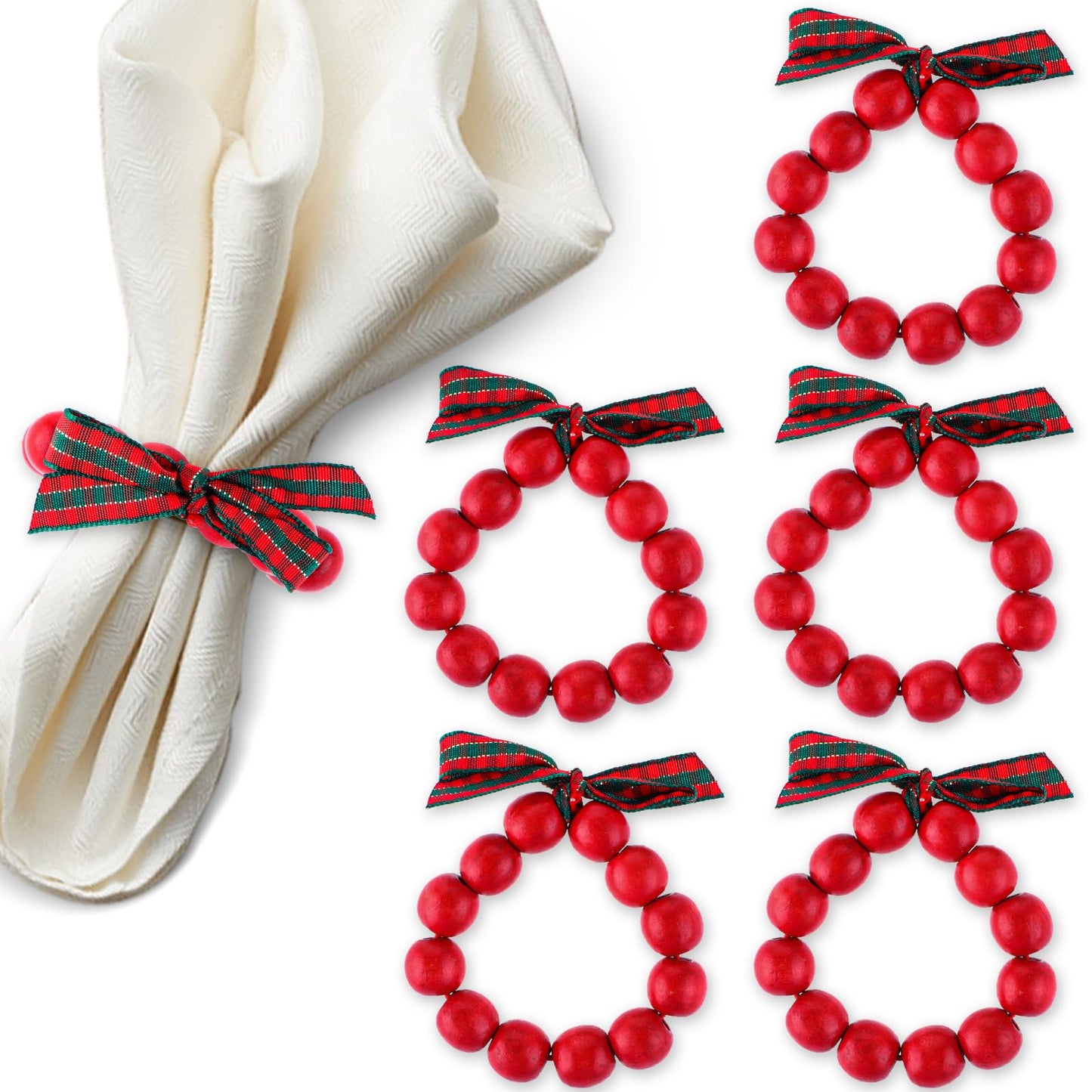 simarro Christmas Napkin Rings, 6 Pcs Beaded Red and Green Grid Bowknot Ribbon Handmade Napkin Rings Holder for Christmas Wedding Banquet Holidays Farmhouse Dinner Party Table Decoration