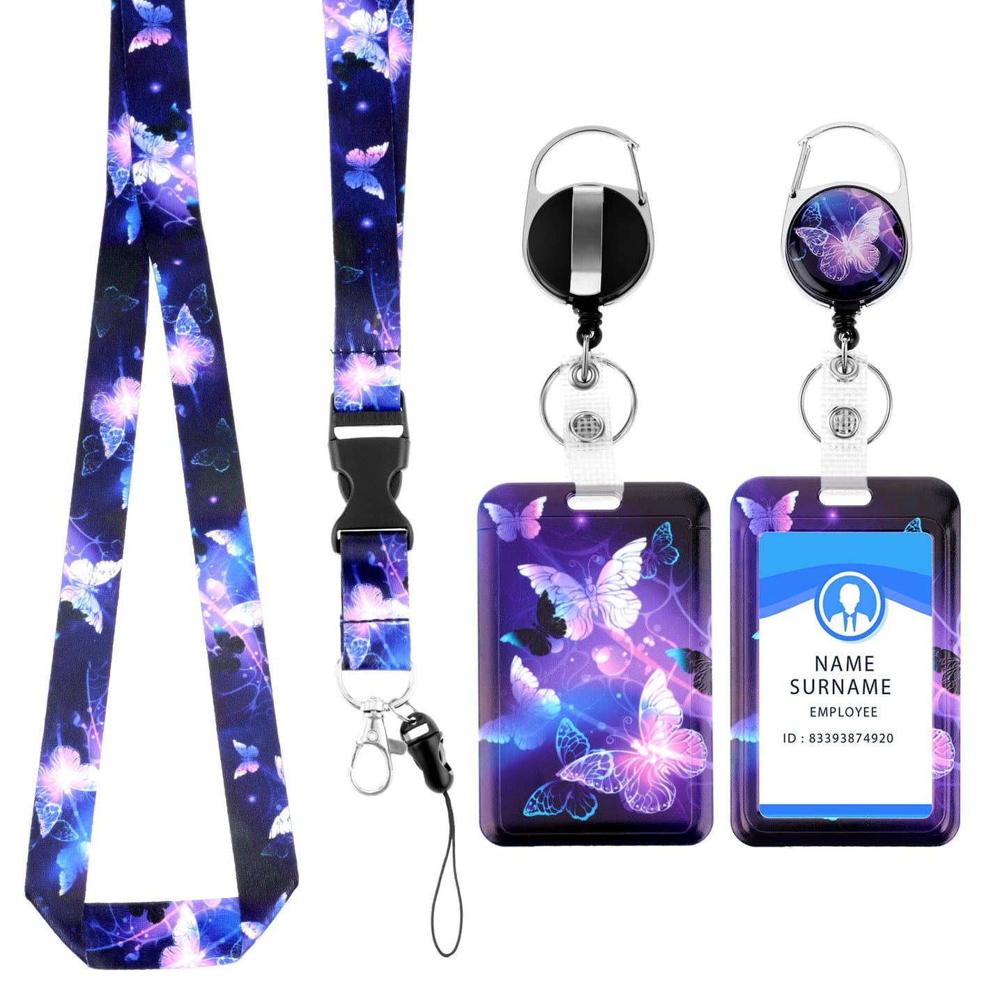TIESOME ID Badge Holder with Retractable Lanyard, Butterfly Plastic Card Holder ID Protector Badge Lanyards Fashionable Neck Crossbody Lanyard with Detachable Lanyard for Nurse Doctor Teacher(Purple)