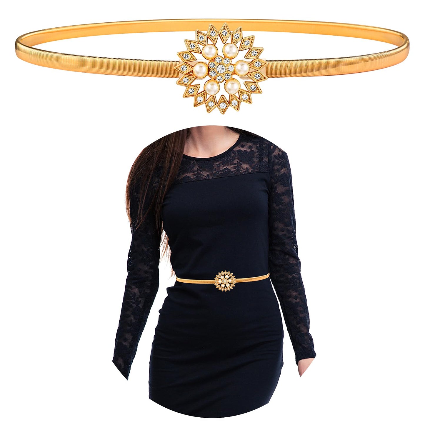 GEEHUA Women Elastic Metal Belt, Stretch Chain Belt Ladies Skinny Waist Belts Gold Rhinestone Belt Waist Belt for Dress(Style-A)