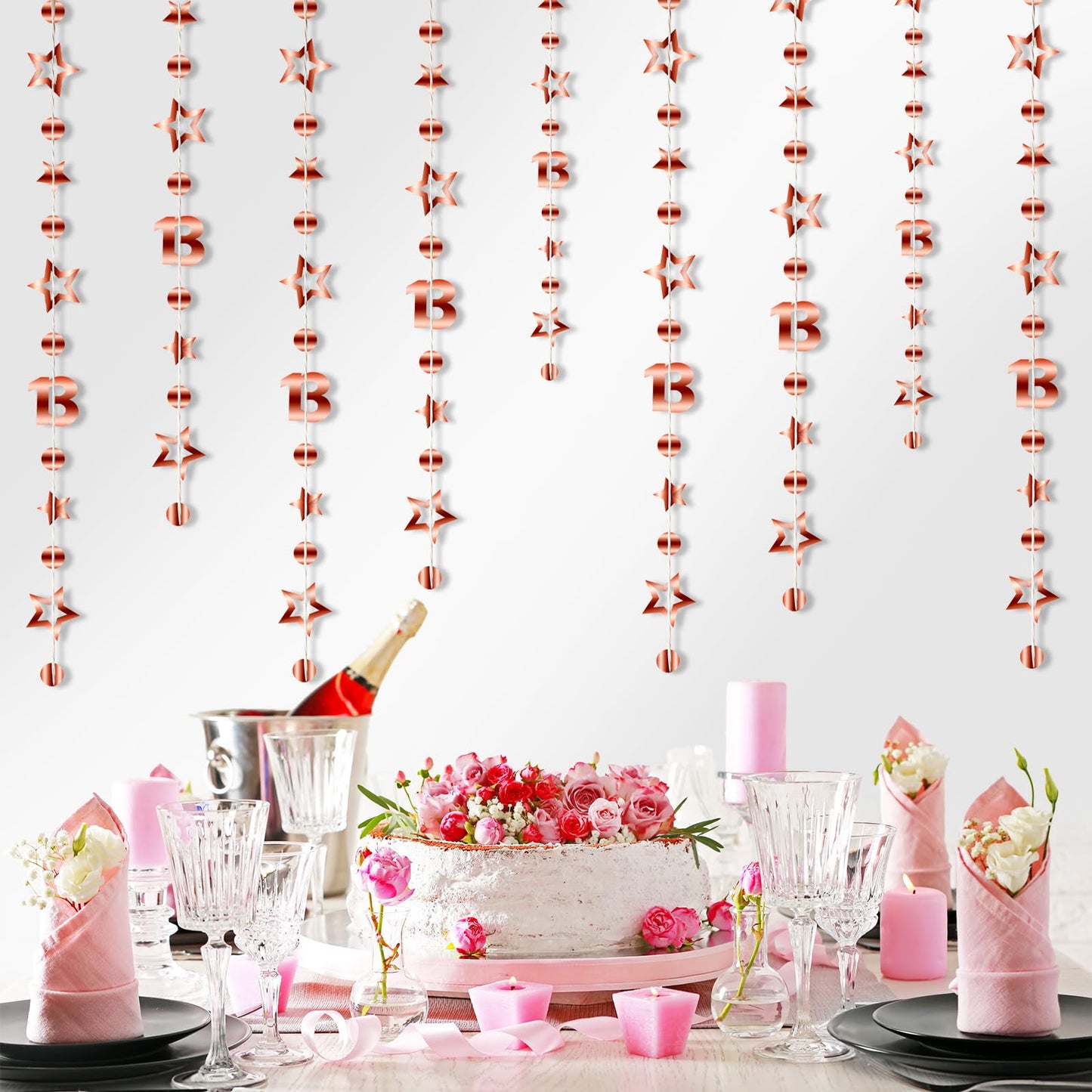 MBAIYO Pack of 4 Rose Gold 13th Birthday Decorations, 13 Years Metallic Banner 118 in Circle Dot Twinkle Star Garland Hanging Streamer Bunting Banner Background for Girls Boys Teenager Party