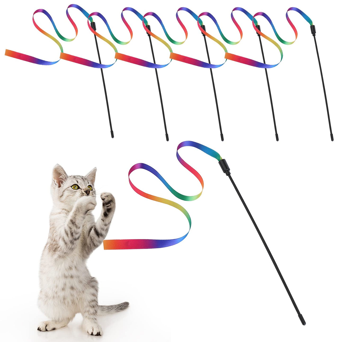cobee Cat Interactive Wand, Cat Rainbow Wand Toys Cat Wand String Kitten Ribbon Stick Toy Ribbon for Cat Training Exerciser Playing Creative Funny Pet Interactive Toys (5 Pieces, 60cm)