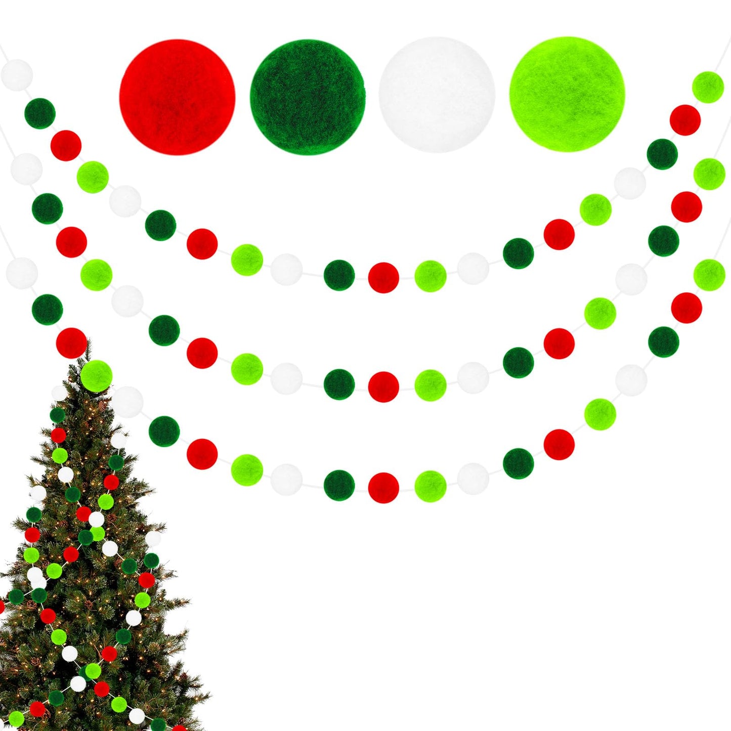 Amaxiu Christmas Pom Pom Garland Decorations, 3 Set Felt Ball String Hanging Ornament for Christmas Tree Decor Xmas Holiday Party Birthday Banner 60 Balls 7.55 Feet Long(White,Red,Green)