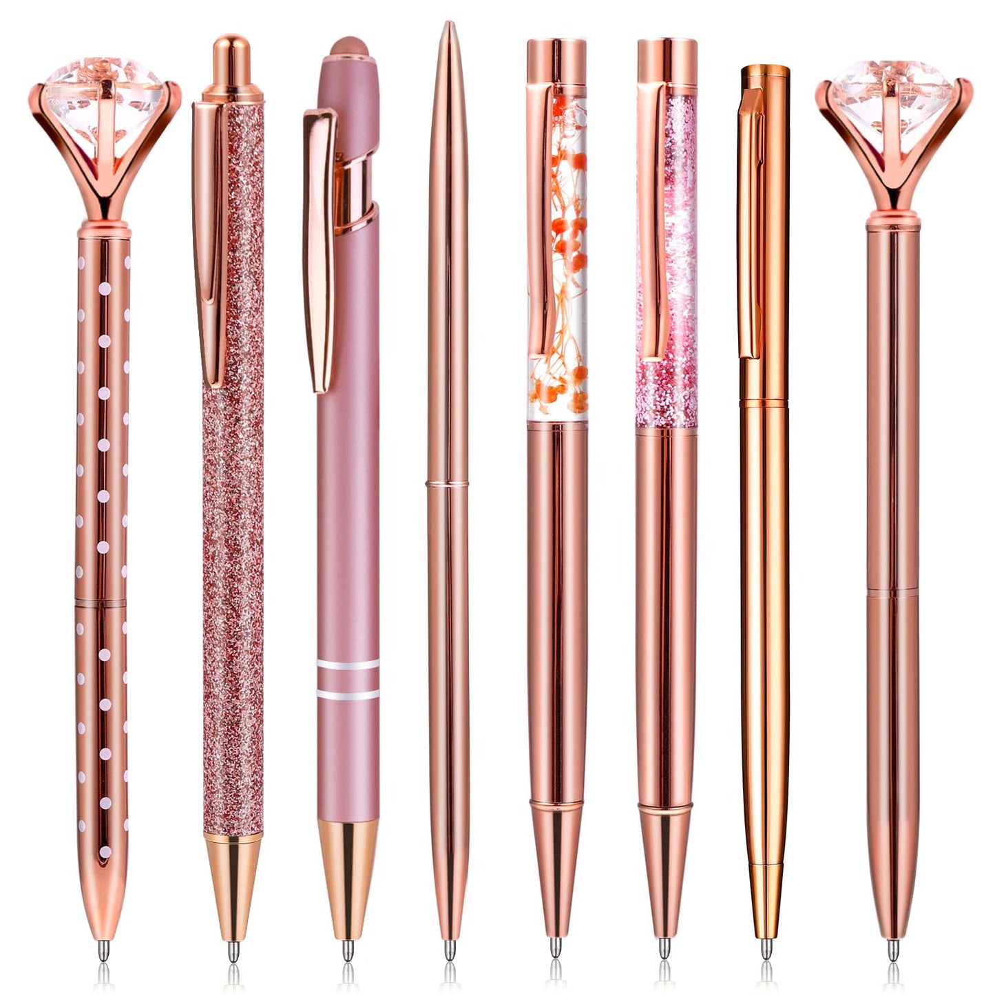 TIESOME 8pcs Rose Gold Ballpoint Pen Set, 1.0mm Liquid Sand Glitter Metal Crystal Diamond Pen Black Ink Smooth Writing Pens Gifts for School Office Desk Supplies