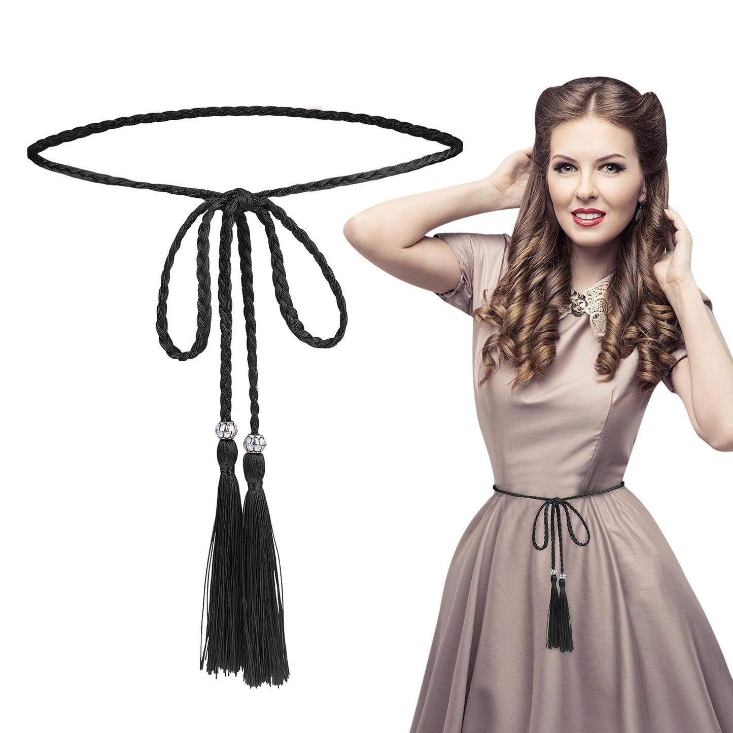 TIESOME Women's Thin Braided Belt Trendy Boho Thin Belt Waistband Tassel Braided Waist Belt for Skirt Dress (Black)