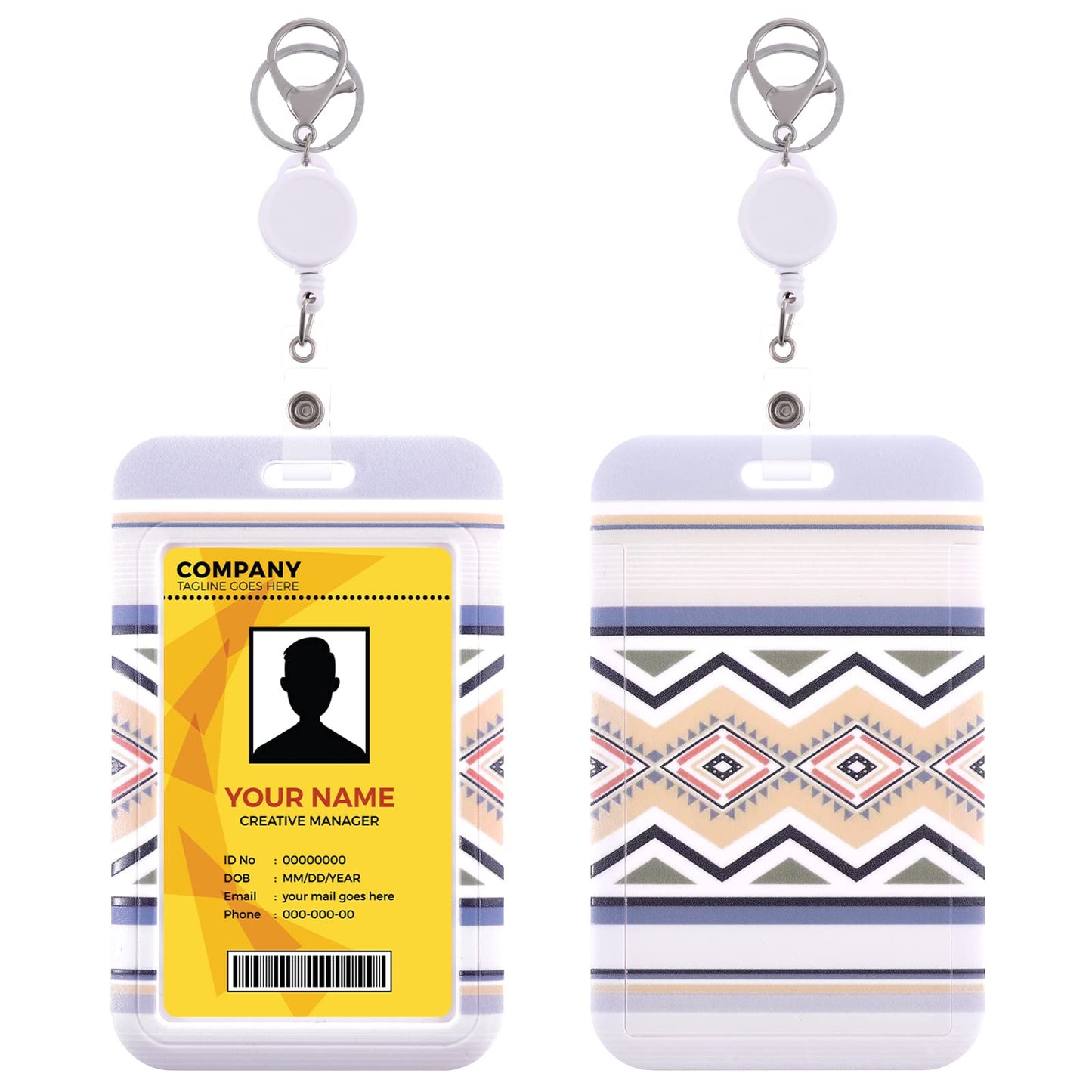 cobee ID Badge Holder with Retractable Reel, 2 Pack Boho Plastic Card Holder with Lobster Clasp Clip Keyring Vertical ID Card Protector Card Case Protector Pouch for Office School (A)