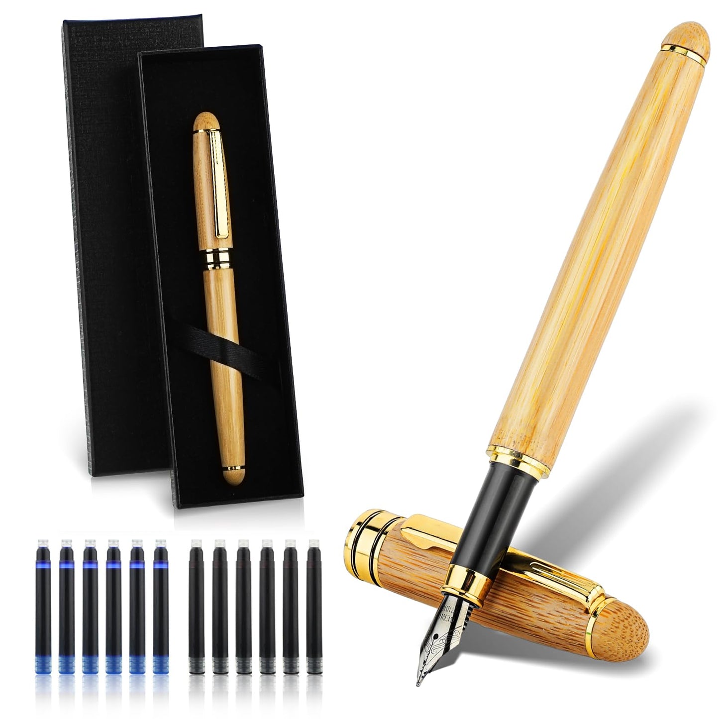 cobee Bamboo Fountain Pen Set, Handcrafted Wooden Fountain Pens with Ink Converter Gift Box and 12 2.6 mm Ink Cartridges Fine Nib Writing Pen Luxury Caligraphy Pen for Writing Journaling