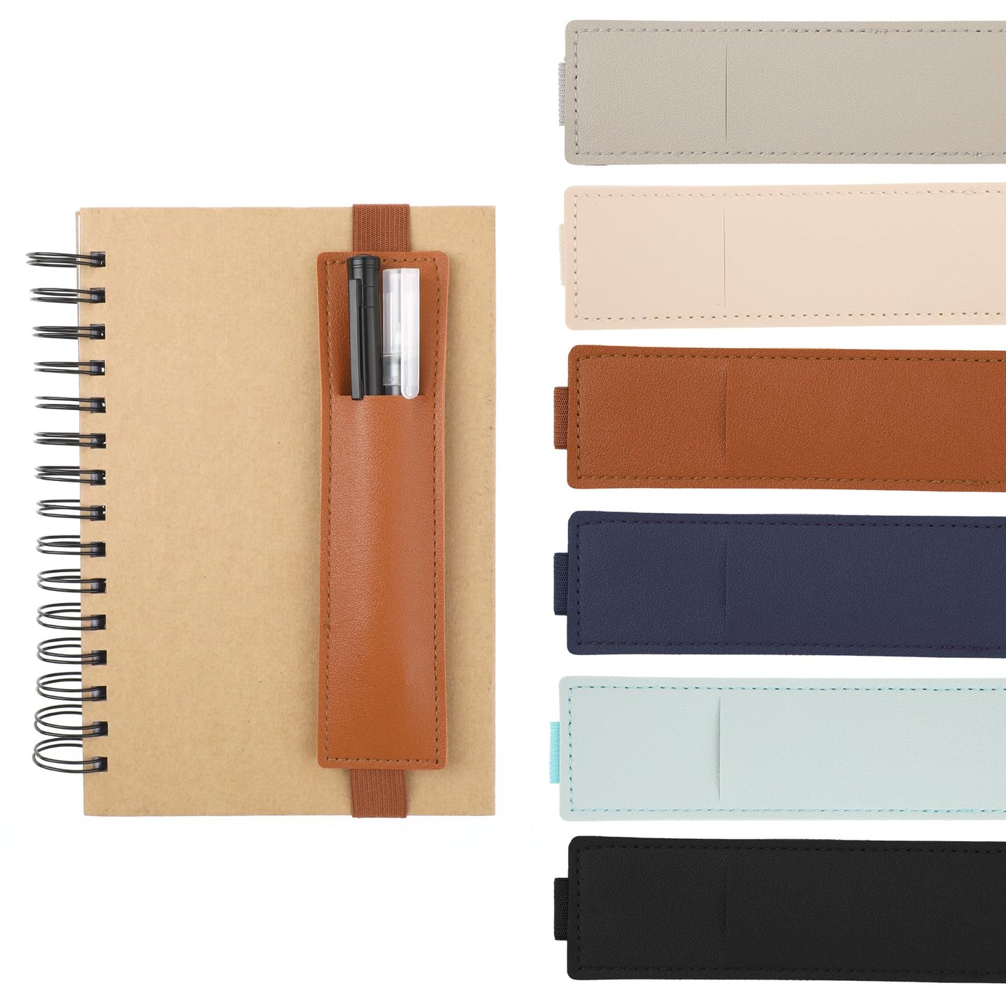 simarro 6pcs Adjustable Elastic Band Pen Holder, Detachable PU Leather Pen Sleeve Pouch Journal Pencil Holder for Notebook, Planners, Binders and Books (6 Colors) (Double pen case)