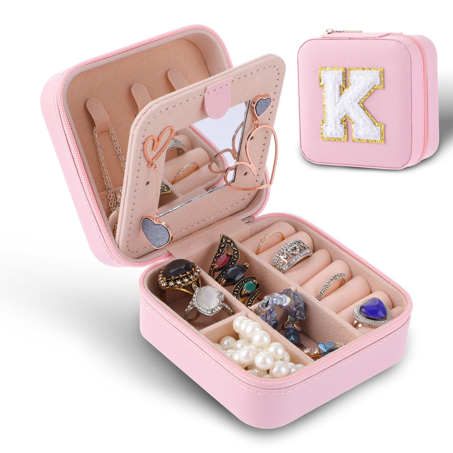 Amaxiu Mini Small Jewelry Box, Portable Travel Jewelry Organizer with Mirror Travel Essentials Jewelry Case Display Holder Gift for Women Girls Ring Earrings Necklace Bracelet Bangle, Pink(K)