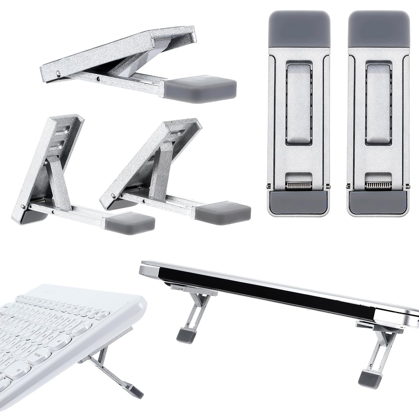 XLIUAX Mini Keyboard Riser for Desk, 2pcs Portable Laptop Stand Three Tilt Angle Adjustable Foldable Invisible Laptop Riser Computer Stand Feet for Most Keyboards(Silver)
