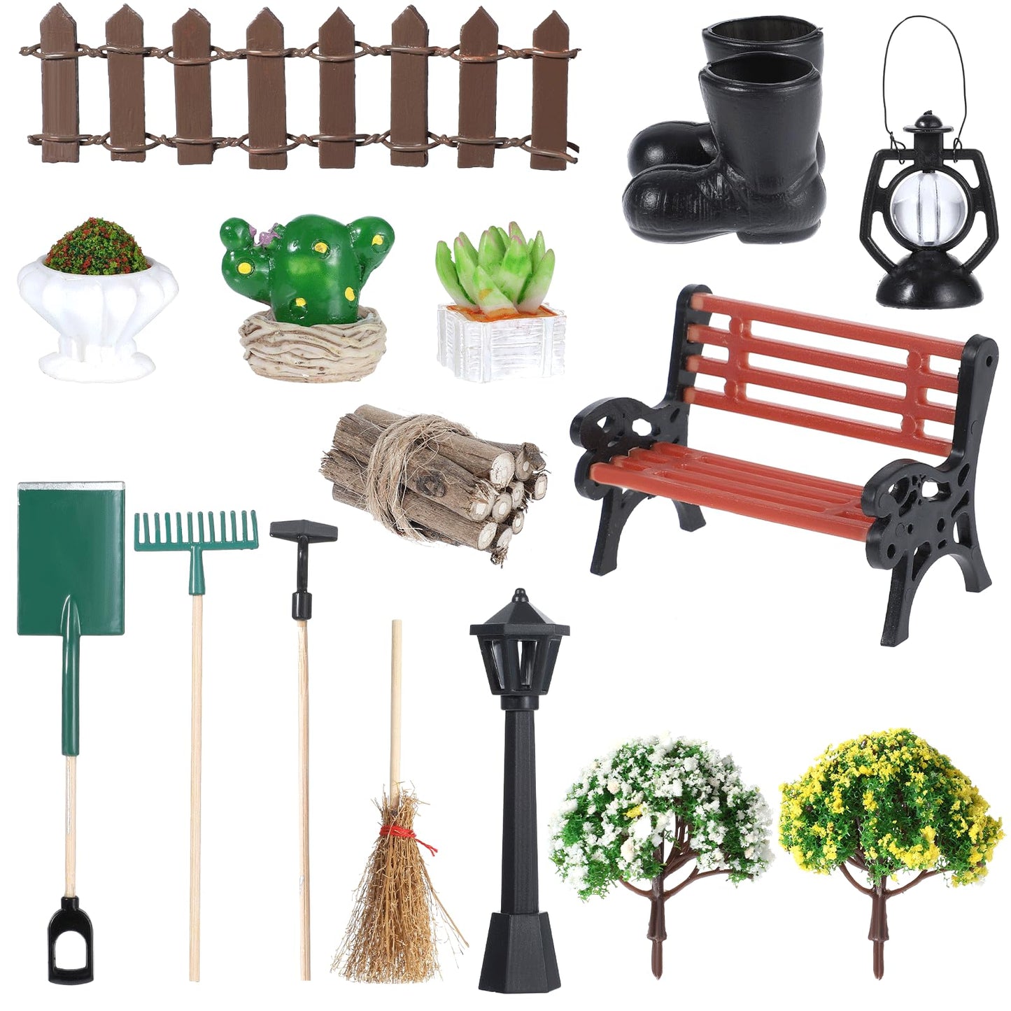 Yuanchu 16 Pieces Miniature Garden Decoration Dollhouse Accessories, Mini Set Decoration Garden Furniture Garden Tools Micro Landscape Garden Bench Lamppost