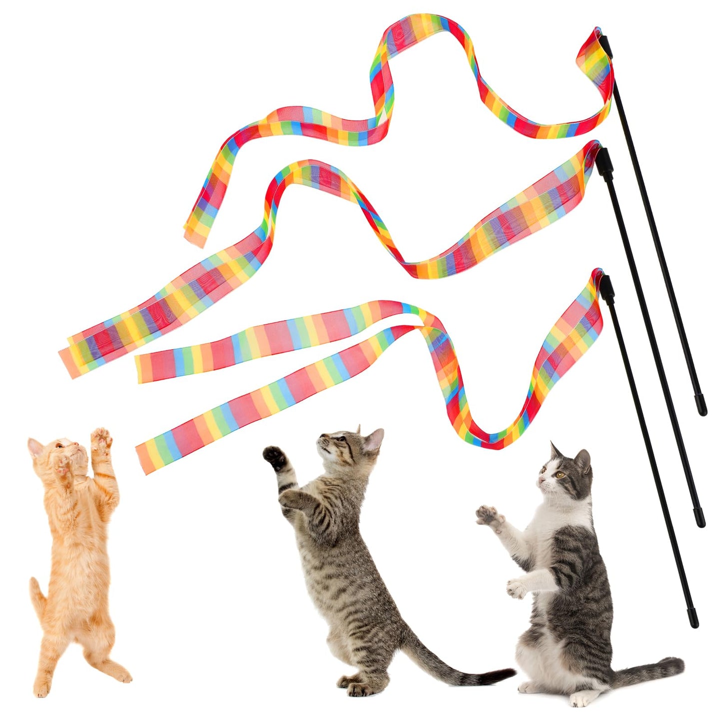 GEEHUA Interactive Cat Rainbow Wand Toys, 3 Pcs Interactive Cat Teaser Wand String for Indoor Cats Cat Wand Toys Kitten Toys Cat Toy for Adult Cats Kitten Exercise