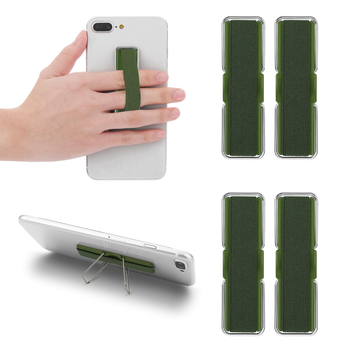 Cobee Finger Strap Phone Holder, 4 Pcs Cell Phone Grip Holder Elastic Kickstand for Mobile Phone Anti-silp Braided Finger Holder Band Compatible with Smartphones, Small Tablets(Dark Green)