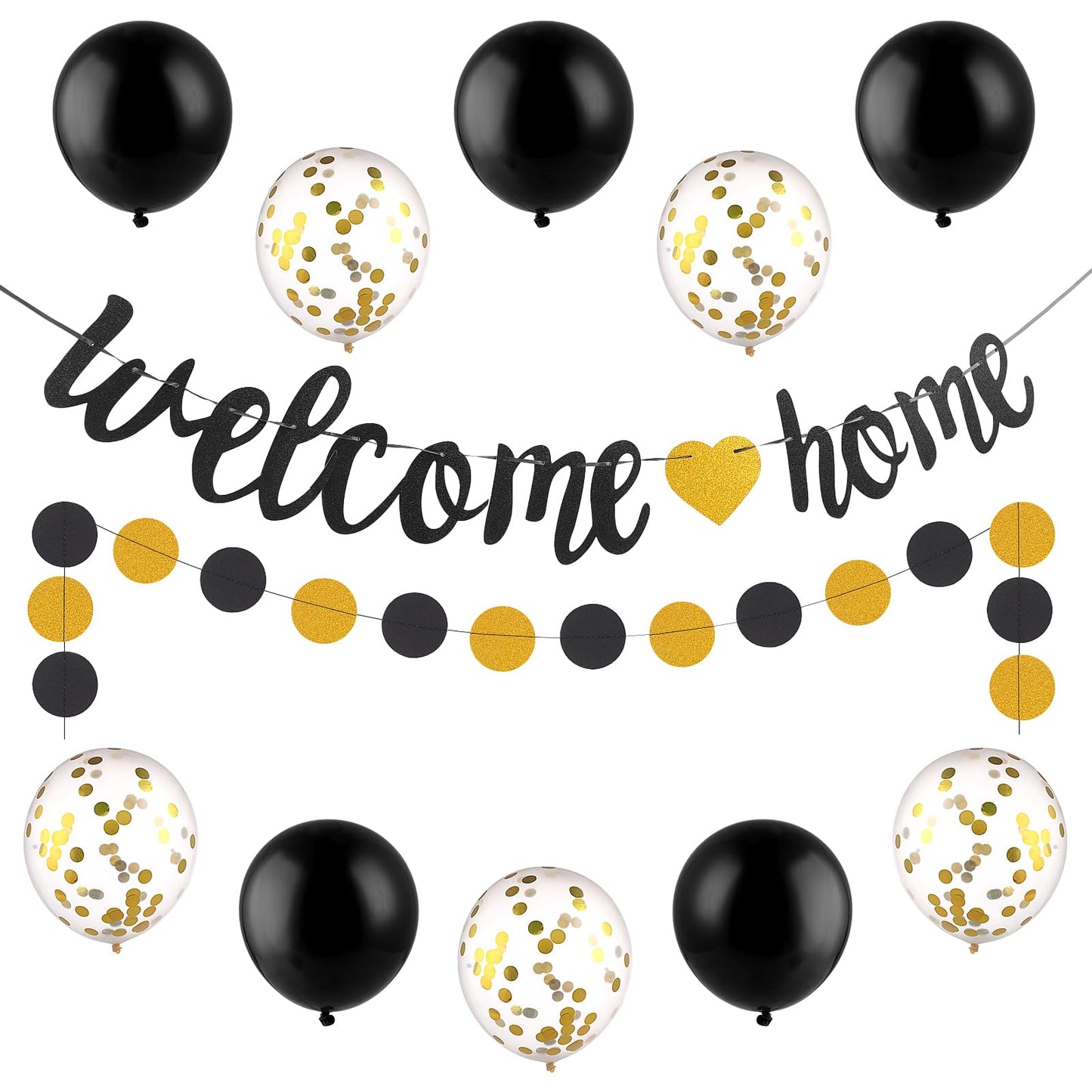 Amabro Welcome Home Banner, Glitter Welcome Home Decorations Gold Black Welcome Home Signs Garland Balloons Welcome Back Party Family Housewarming Photo Booth Props
