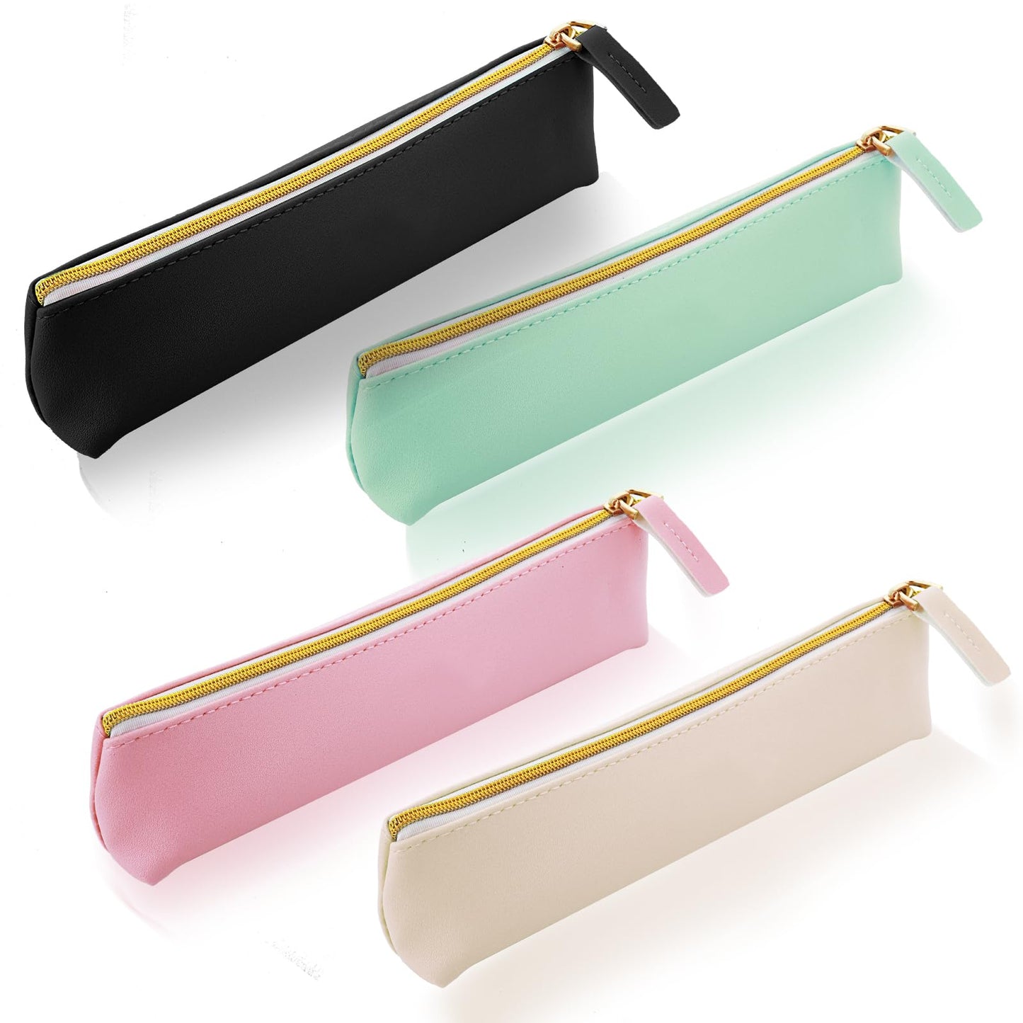 TIESOME Leather Pen Pencil Case, 4PCS Cute Slim Pen Bag Small Pencil Pouch Lovely Stationery Bag Portable Cosmetic Bag Zipper Bag for Pen Pencils Markers (Black+Green+Pink+White)