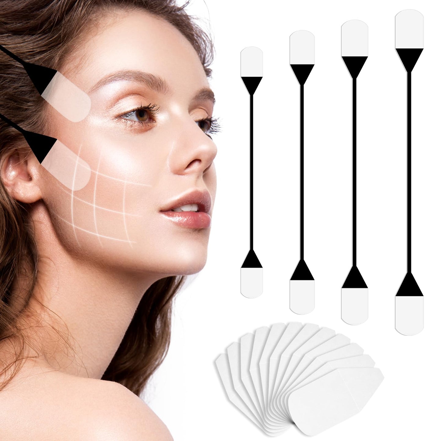 Yuanchu 24 Face Lifting Tape, 20 Facelifting Stickers with 4 Lengths Vision Tightening Tape, High Elastic Kinesiology, V-Shape, Face Tightening, Anti-Wrinkle Facial Patches, Instant Invisible (Black)