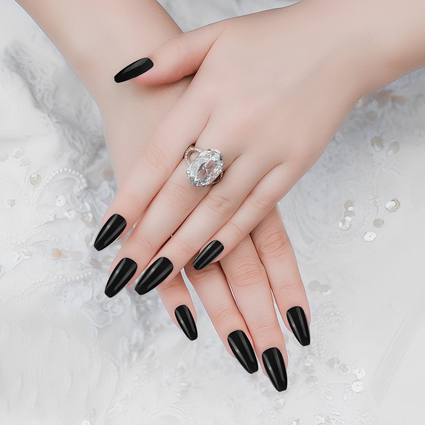 Cobee Solid Color Press on Nails, 24Pcs Coffin Fake Nail Glossy Tapered Shape Medium Length Full Cover Ballerina Removable Wear False Nails for Women and Girls Nail Art DIY Set(Black)