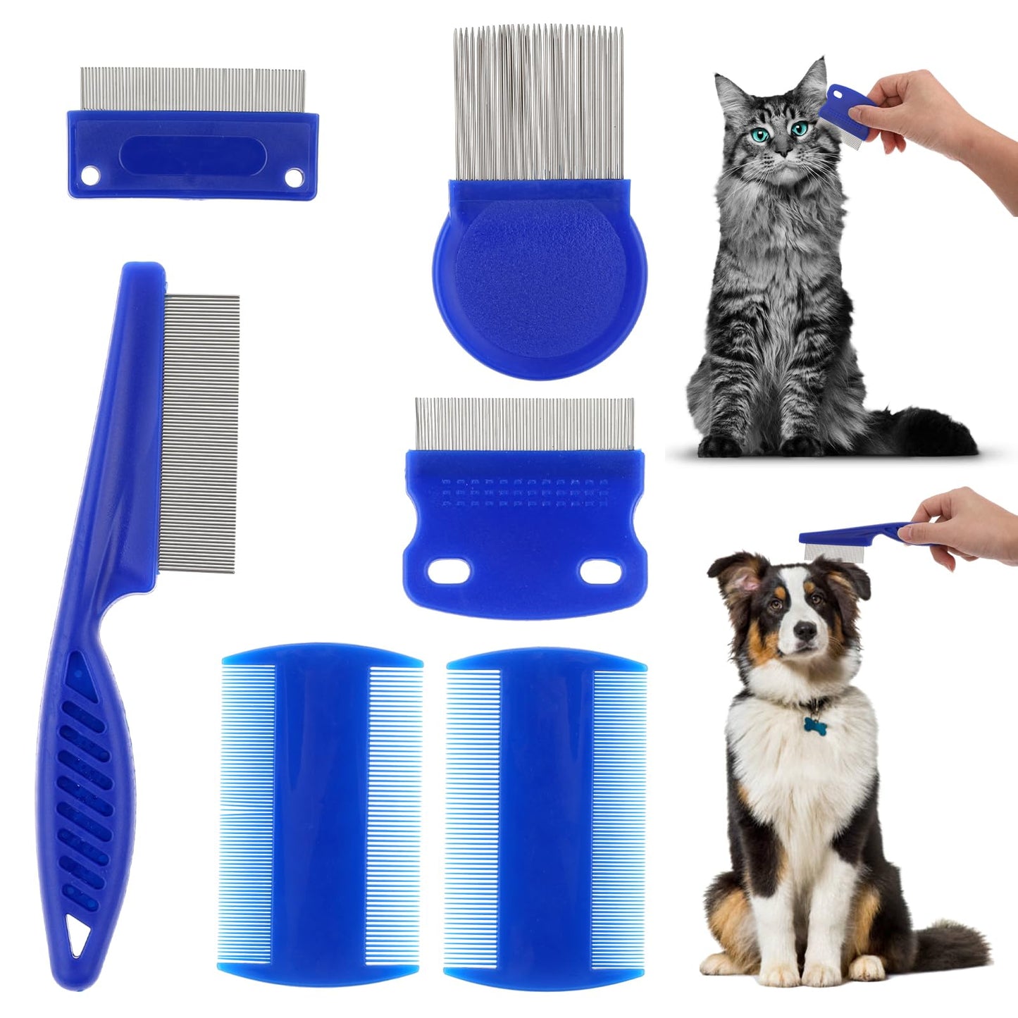 TIESOME 6 Pcs Multifunctional Cat Dog Flea Comb, Pet Grooming Comb Kit Pet Tear Stain Remover Comb Set 2-in-1 Stainless Round Teeth Comb Dual-Sided Comb for Knots Crust Mucus Floating