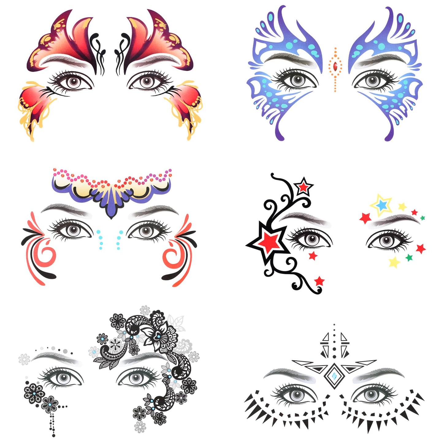 GEEHUA 6PCS Face Tattoo Stickers, Waterproof Facial Eye Makeup Temporary Tattoo Sticker Peel off Eyeshadow Stickers for Women Halloween Christmas Masquerade Rave Party Decoration