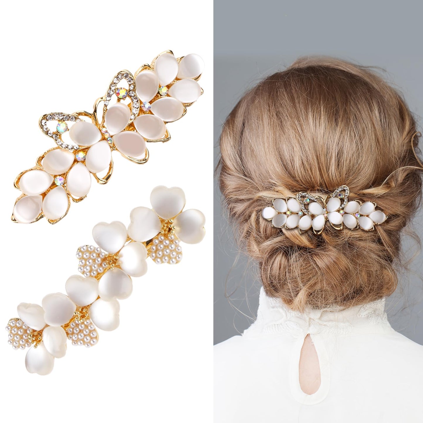 cobee Opal Flower Hair Clips, Vintage Rhinestone Hair Barrettes Elegant Crystal Hair Barrettes with Spring Snap Clip French Hairpin Pearl Hair Jewelry Accessories for Women Girls Brides