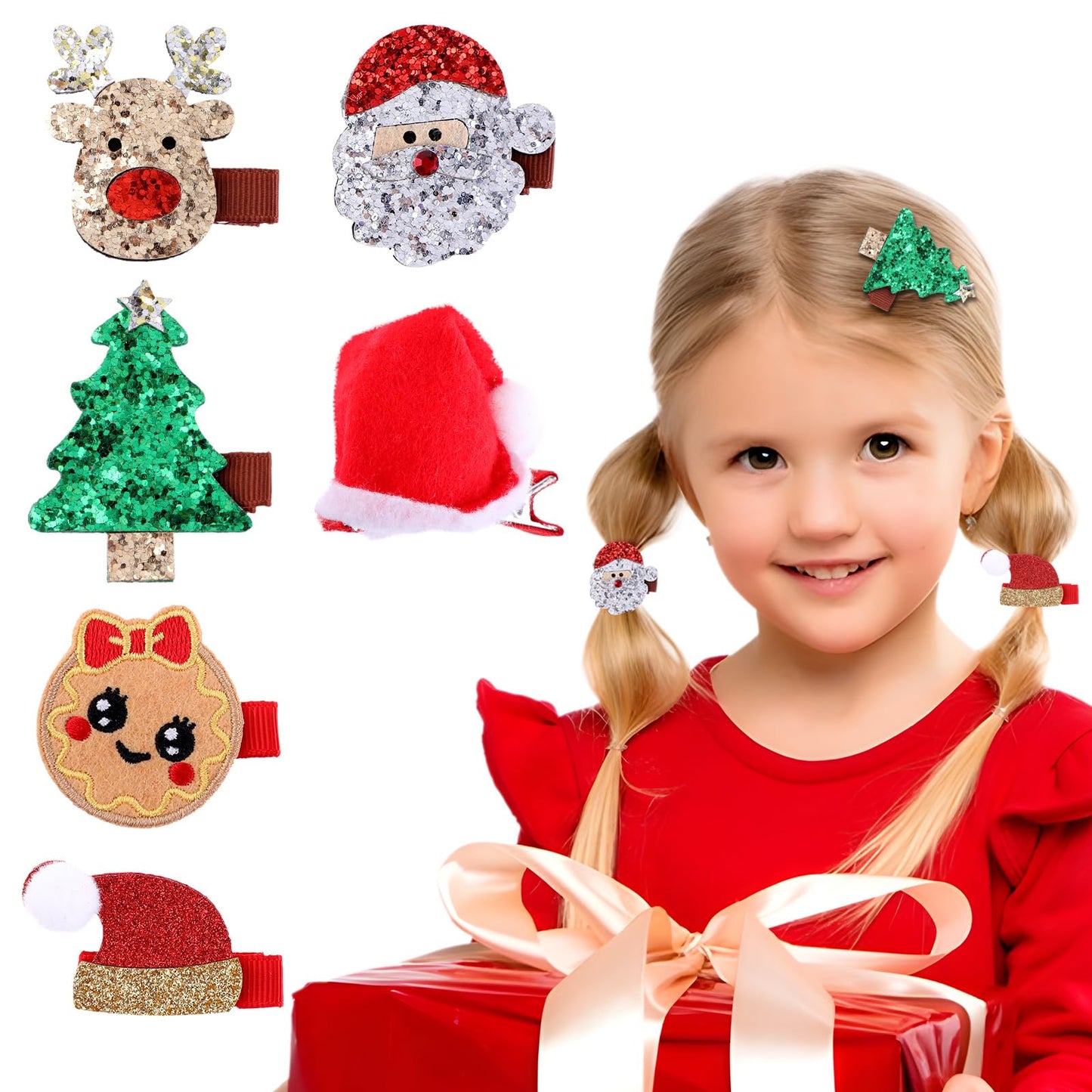 Amaxiu Christmas Hair Clip Set, 6pcs Xmas Glitter Sequins Alligator Hairpins Cute Hair Barrettes Santa Claus Christmas Hat Reindeer Christmas Tree Hair Headdress Accessories for Women Girls