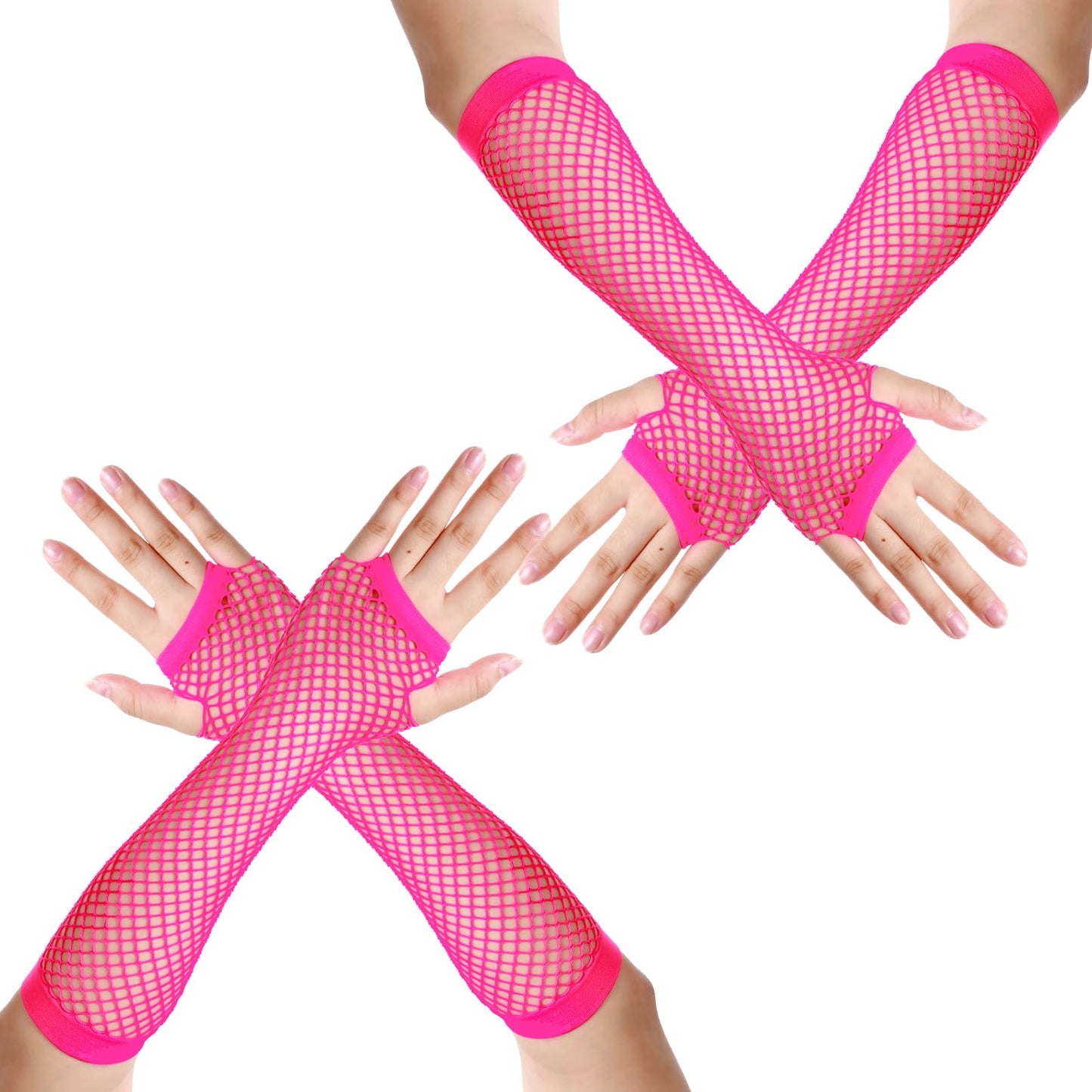 AOZUO 2 Pairs of Mesh Gloves, Wednesday Costume Gloves, 80s Mesh Arm Warmers, Long Neon Fingerless Gloves, Stretch Mesh Gloves for Women, Costume Party Theme, pink, 1