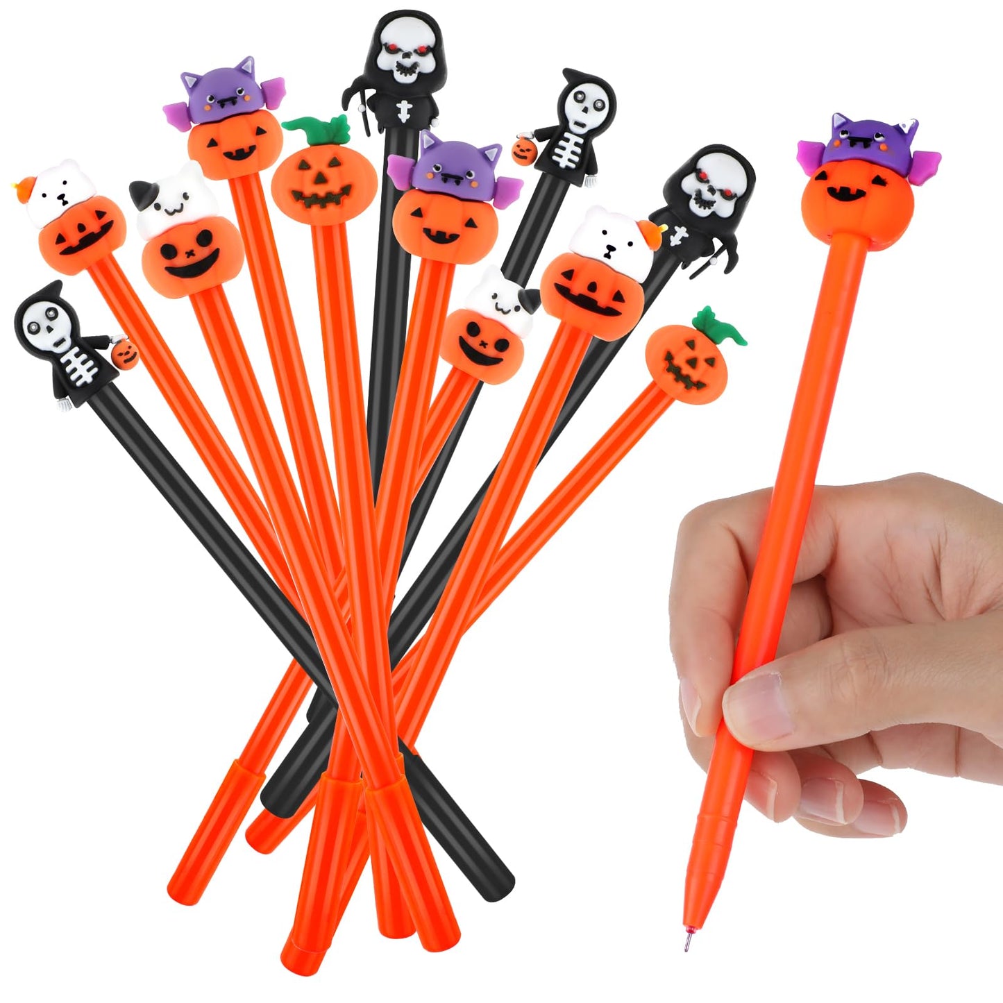 12 Pcs Halloween Gel Ink Pens, 6 Styles Cute Pumpkin Shape Bat Skull Heads Pens, 0.5mm Black Rollerball Pen Halloween Party Favors for Kids Student Stationery Halloween Party Supplies