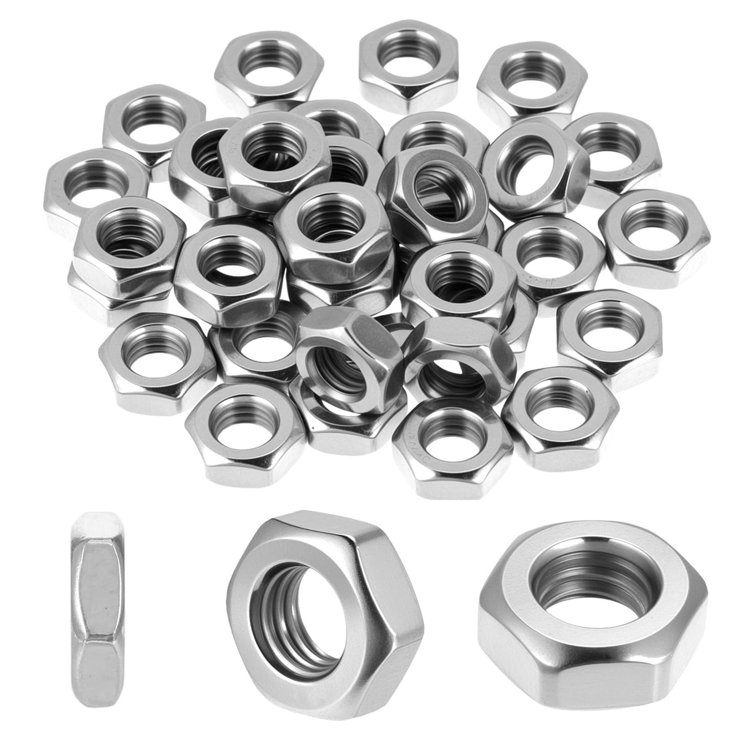 WJIAAA Pack of 50 M8 Nuts, DIN439 A2 Stainless Steel (304) Hex Nut, 0.5 in / 1.28 cm Width & 0.15 in/0.38 cm Thick, Low Shape for Screws and Threaded Rods, 144 g with Plastic Box