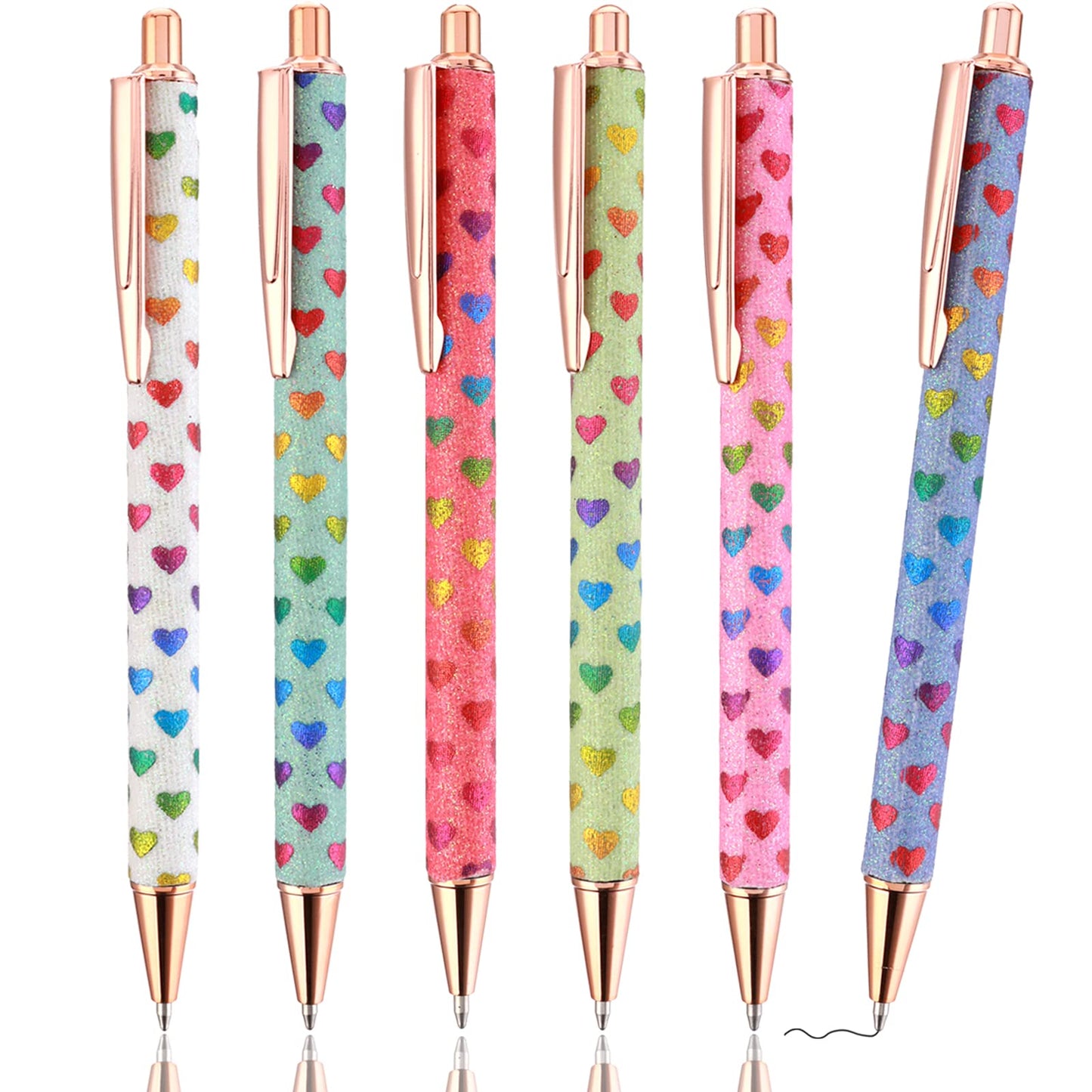 cobee Bling Metal Pens, 6 Pack 1.0 mm Click Retractable Ballpoint Pens Black Ink Medium Point Gift Pens Glitter Retractable Pen Comfortable Writing Pens Pretty Journaling Pens for Student(Love Heart)