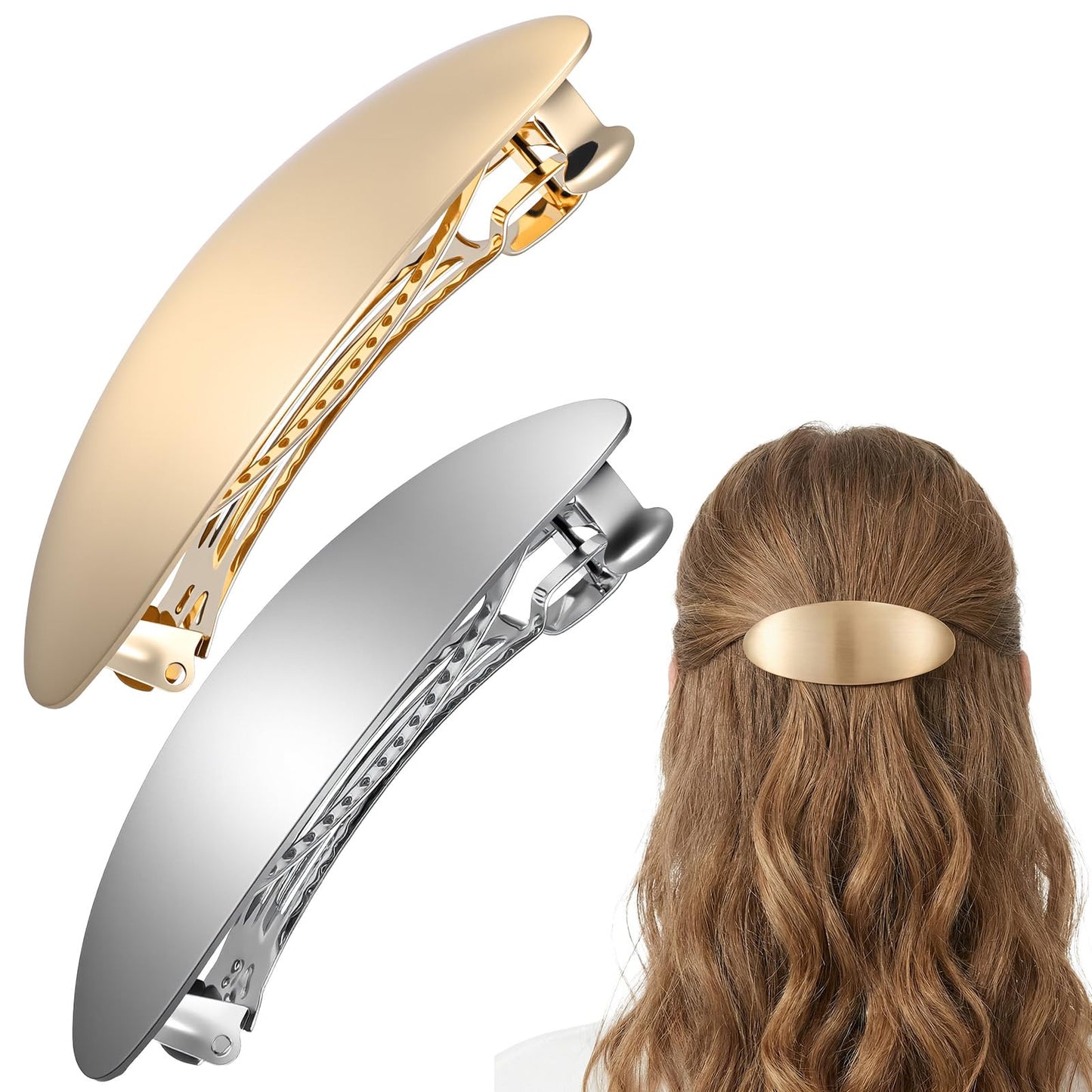 WJIAAA Gold Hair Clip, Pack of 2, Oval Hair Clips, Gold & Silver, 3.15 Inch Vintage Metal French Wedding Accessories for Women and Girls with Long Thick Hair