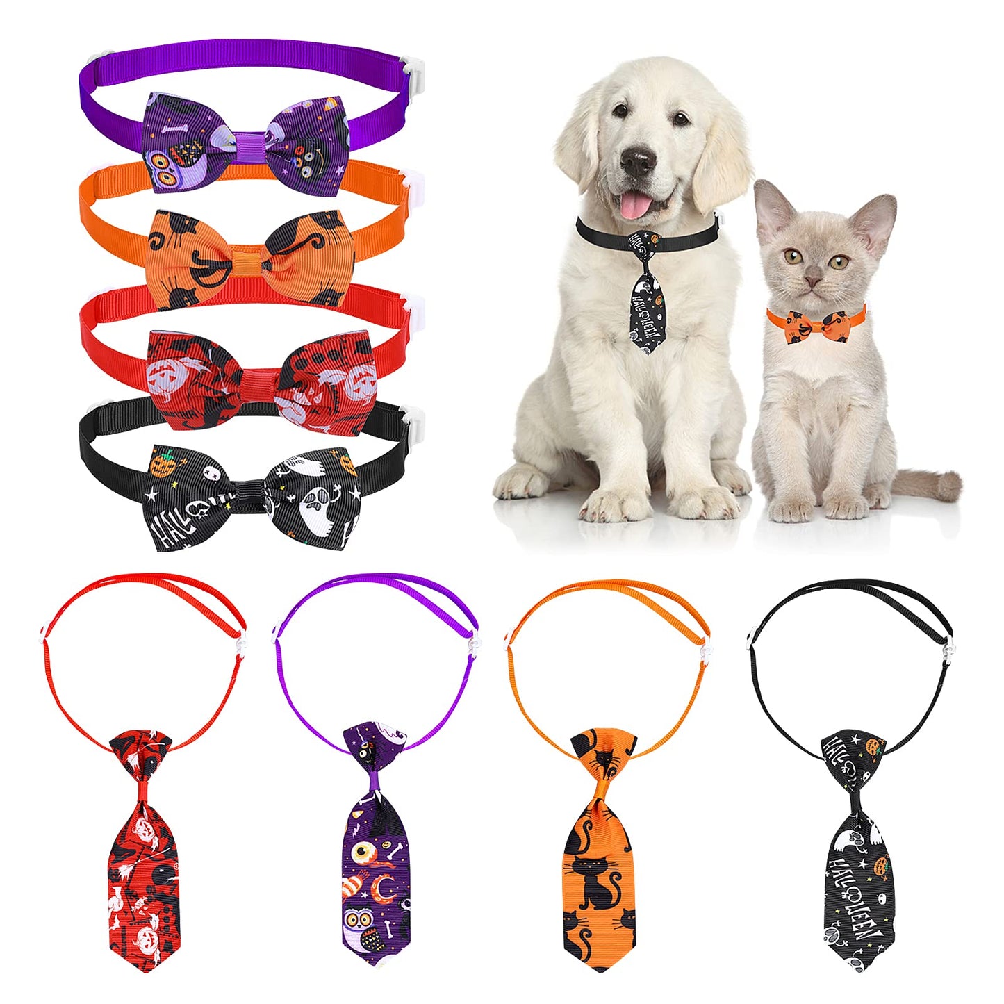 Molain 8 Pcs Halloween Dog Bowties, Pumpkin Ghost Pet Bowtie, Cat Collar Bow Tie, Adjustable Dog Neckties, Formal Neck Ties for Dogs & Cats Fall Thanksgiving Halloween Party Supplies