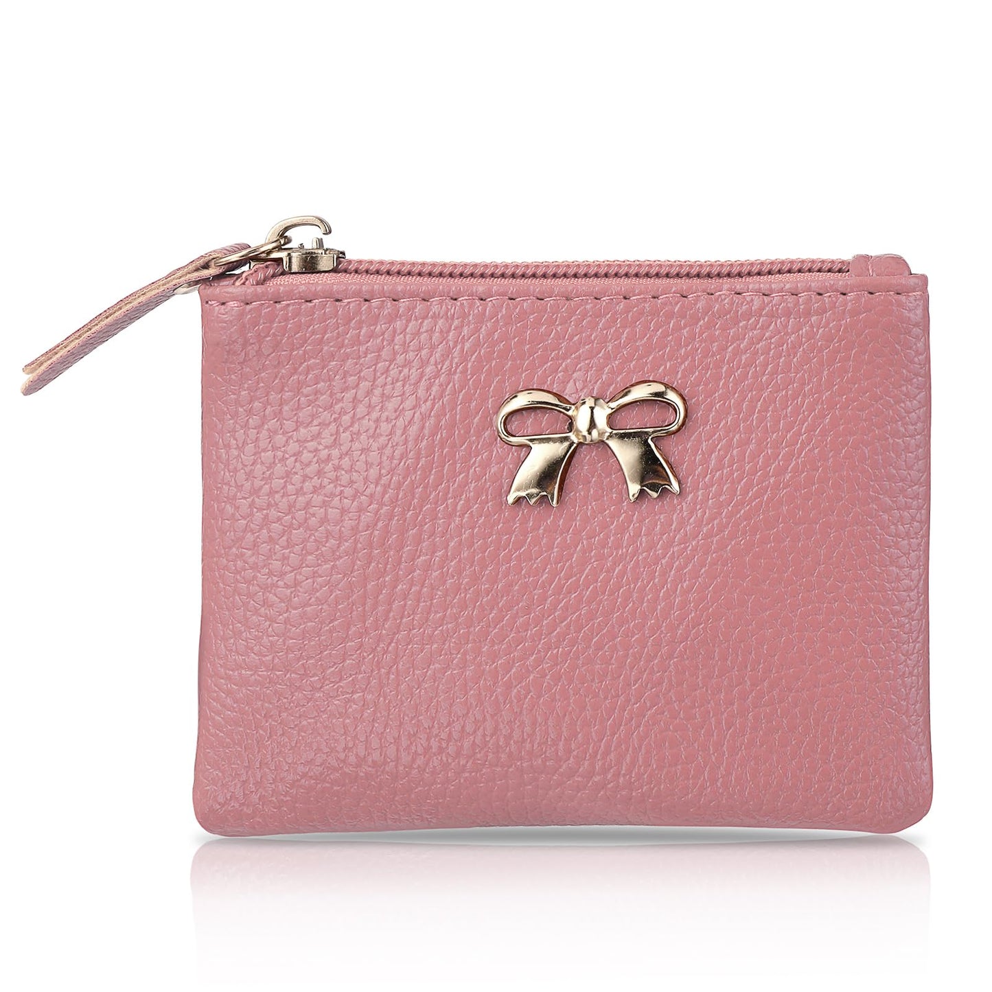 simarro Coin Purse, Vegan Leather Bow Lychee Pattern Zipper Coin Purse Portable Change Wallet Mini Coin Pocket for Men Women Credit Card ID Key Headset Lipstick(Pink)