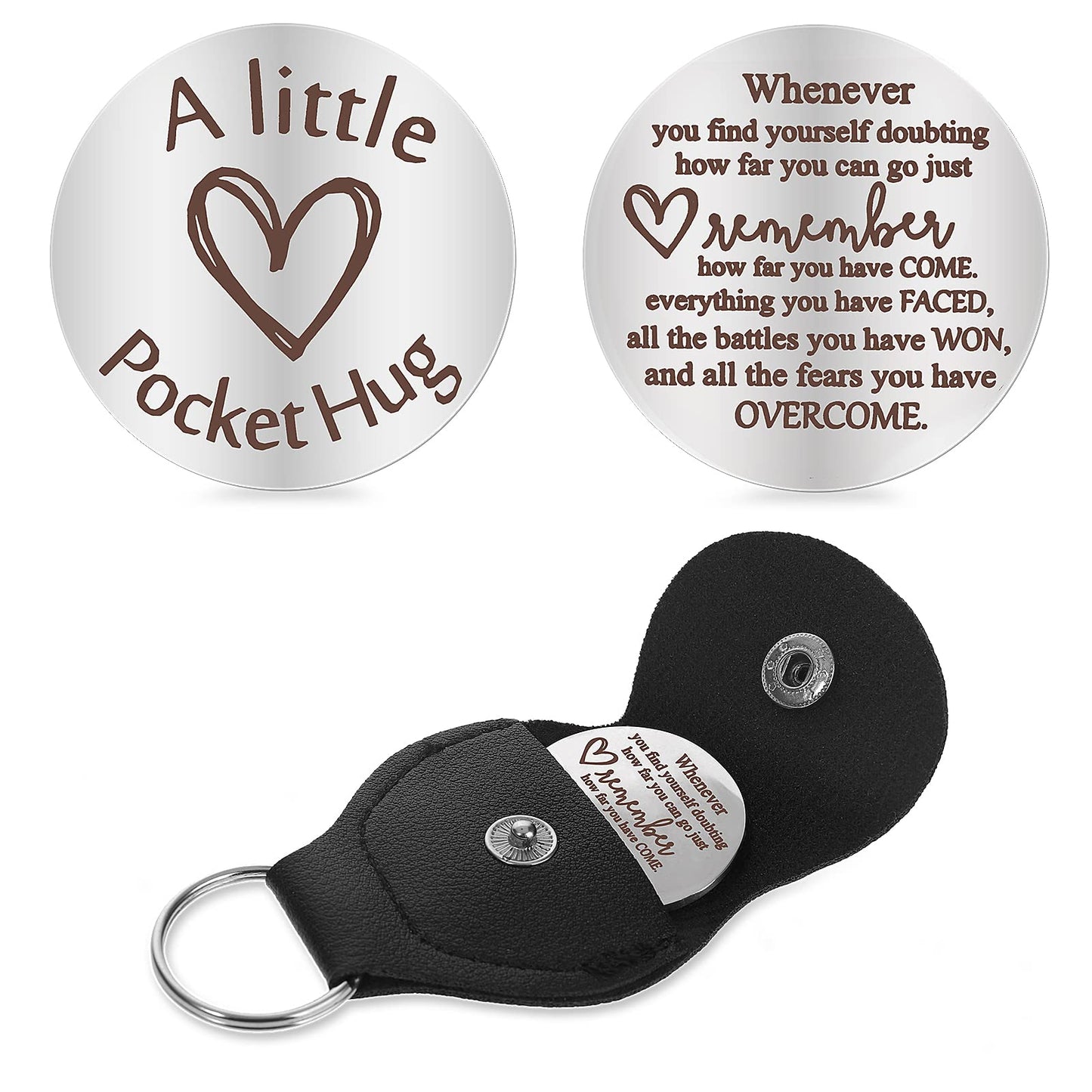 cobee Pocket Hug Token, Encouragement Long Distance Relationship Keepsake Stainless Stell Double Sided Inspirational Pocket Hug Token Gift with Leather Keychains for Family, Friends, Lovers(Style-A)