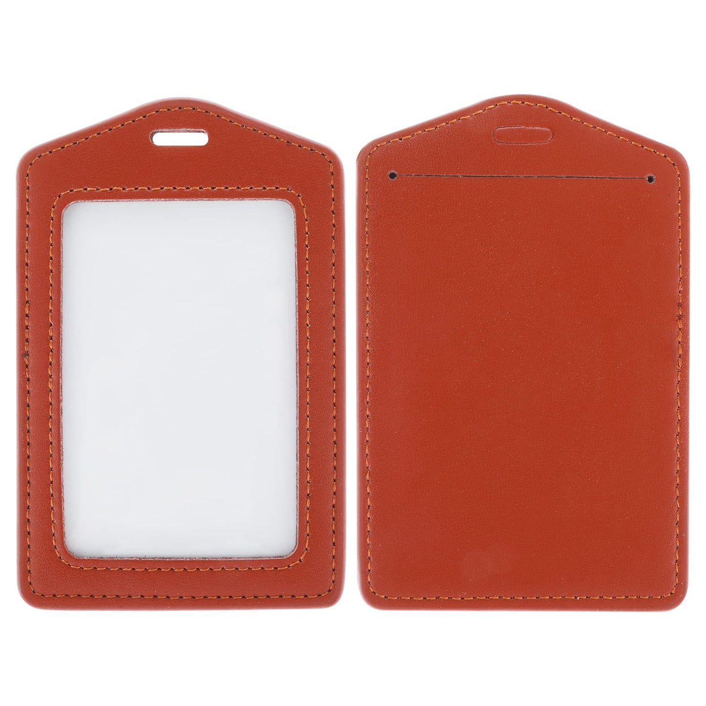 TIESOME 2Pcs Vertical Leather ID Badge Holder, Waterproof Double Sided Clear Card Holder for Office Staff Students Employees(Reddish Brown)