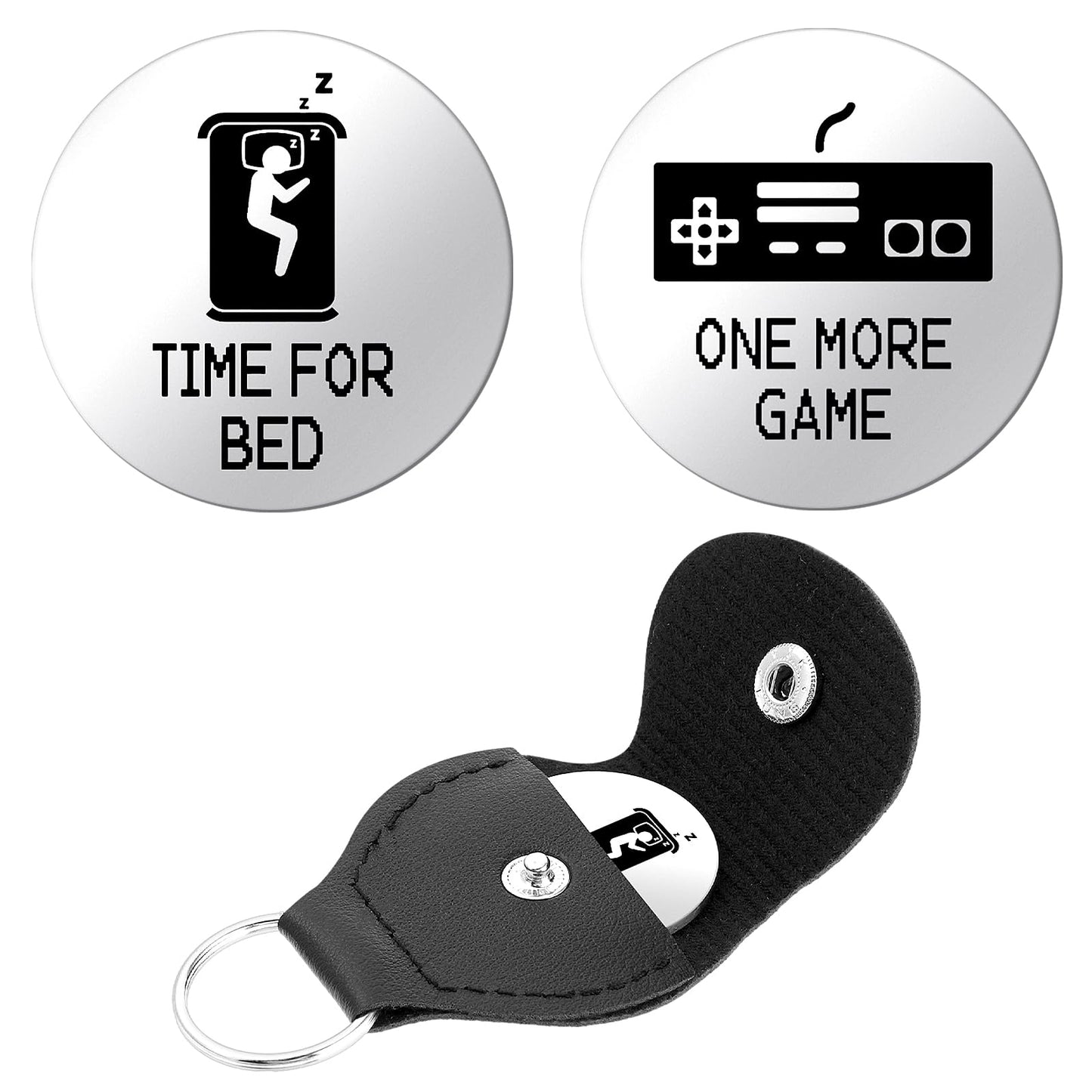 cobee Gamers Decision Coin, Funny Destiny Flip Coins One More Game/Go To Bed Double Sided Flip Decision Maker Coins with Leather Keyring Novelty Gift for Stocking Stuffers Boyfriend Son Teen(Silver)