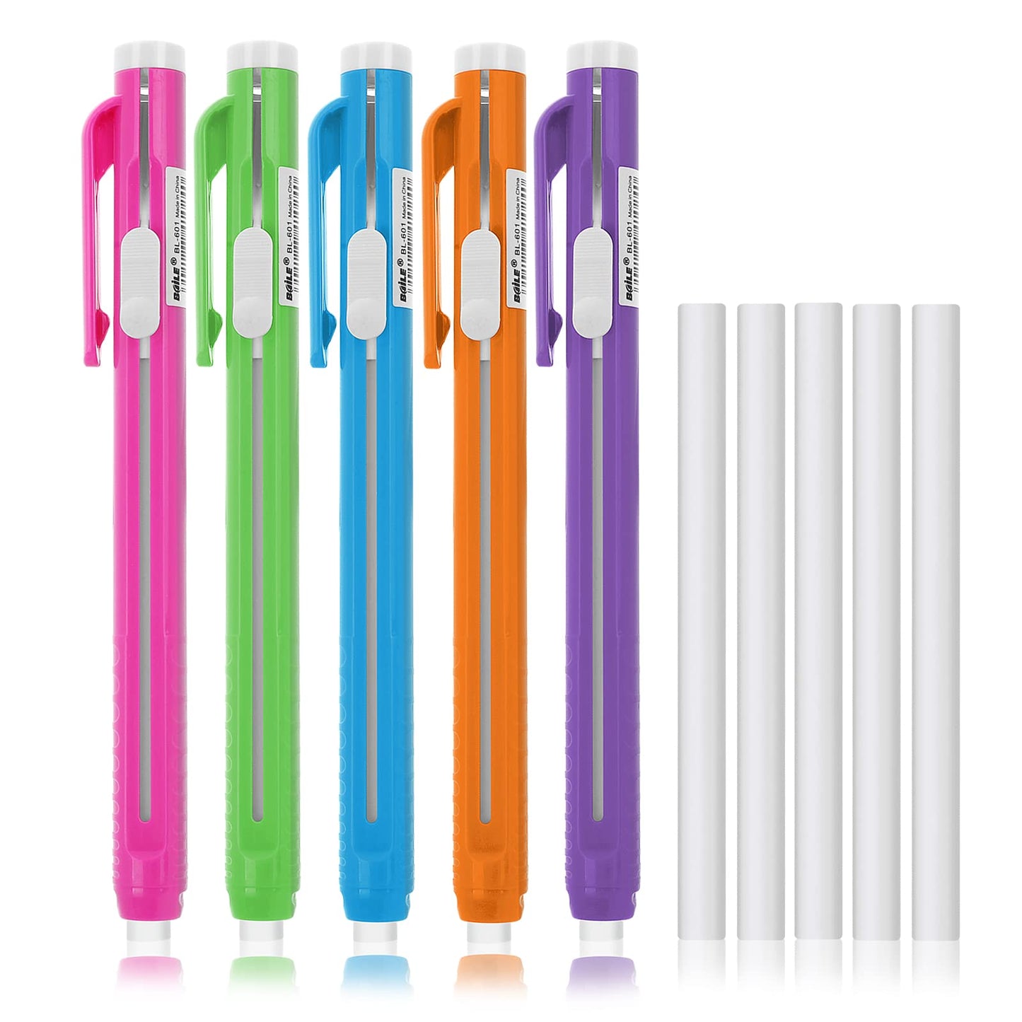 cobee Pen-Style Eraser Set, 5 Retractable Click Eraser Pen Shells with 5 Erasers, Mechanical Eraser Pencil, Bar Erasers for Kid Students Teacher Artist Painting Writing Home School Office Supplies