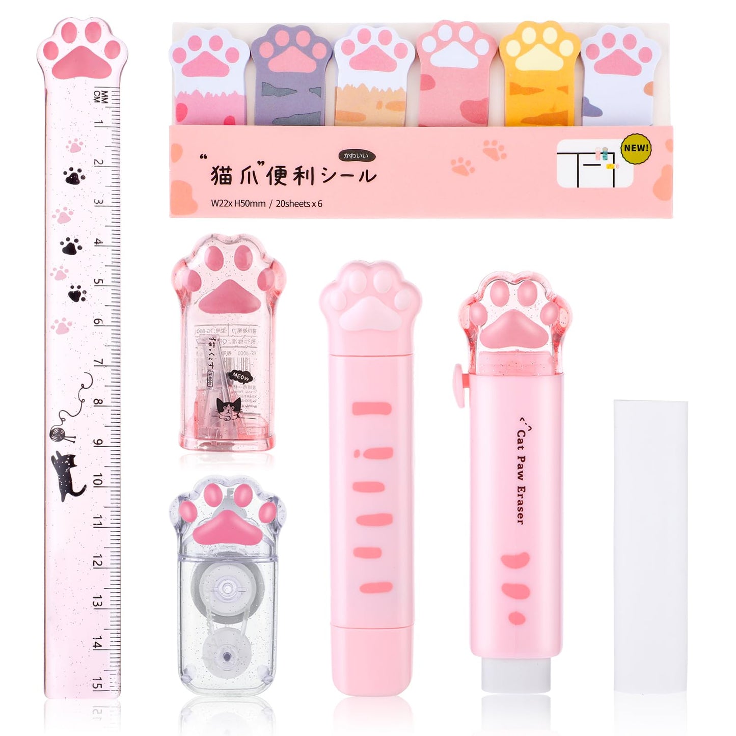 TIESOME Kawaii Cat Paw Stationery Set, Cute Cartoon Sharpener Retractable Eraser Correction Tape Sticky Notes Ruler Eraser Replacement Core School Supplies for Cat Lovers Students Office Kit