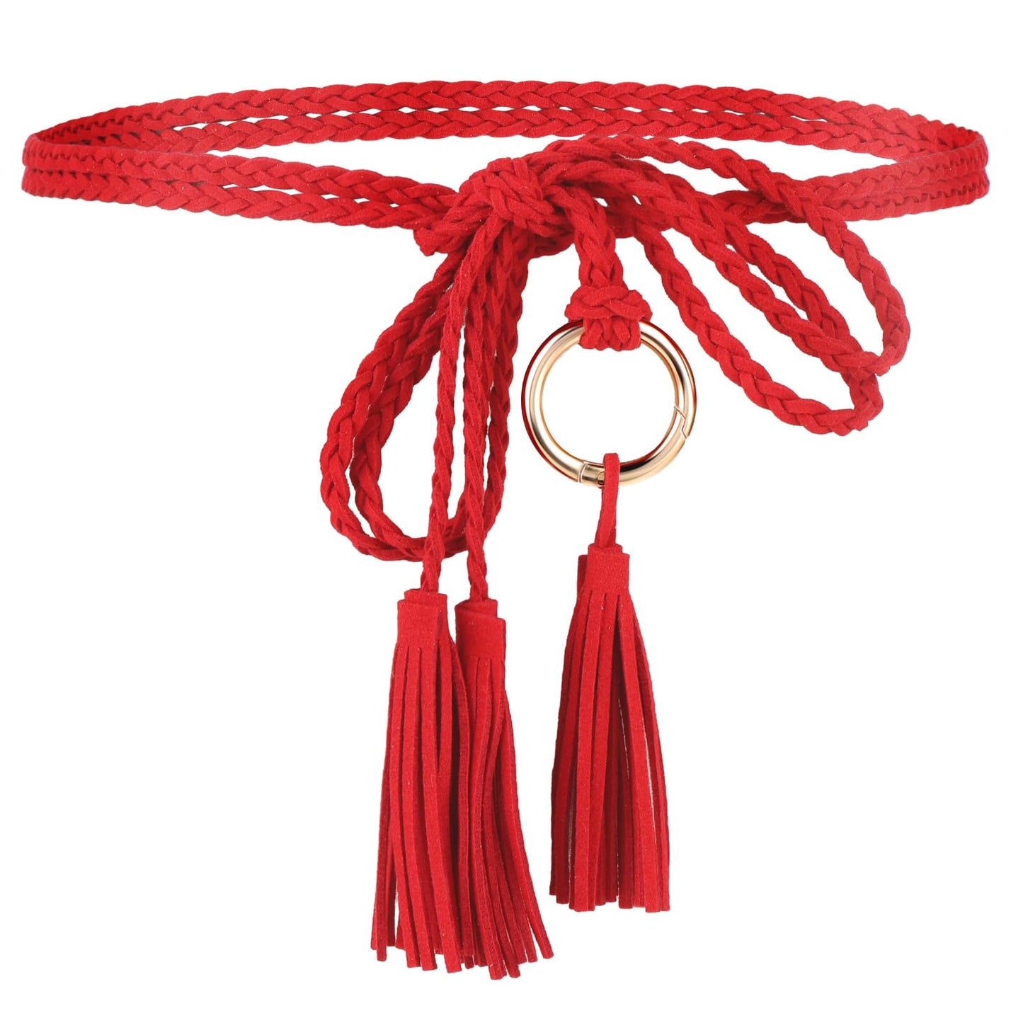 TIESOME Women's Tassel Braided Waist Belt, Skinny Handwoven Belt with Ring for Dress Waist Belt Rope Chain Bohemian Ethnic Style for Women Girls Godness(Red)
