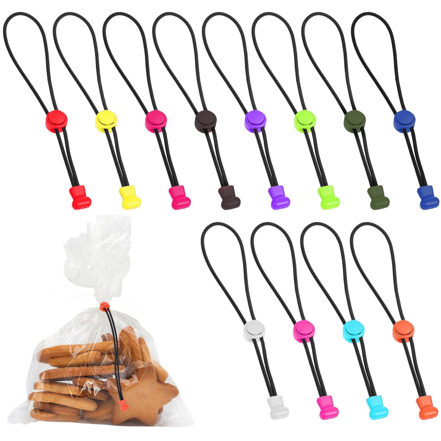 WJIAAA Pack of 12 Sealing Clips for Bags, 12 Colours, Adjustable Bag Clips with 21 cm Length, Robust & Reusable for Freezer Bags, Fishing Rods and Household