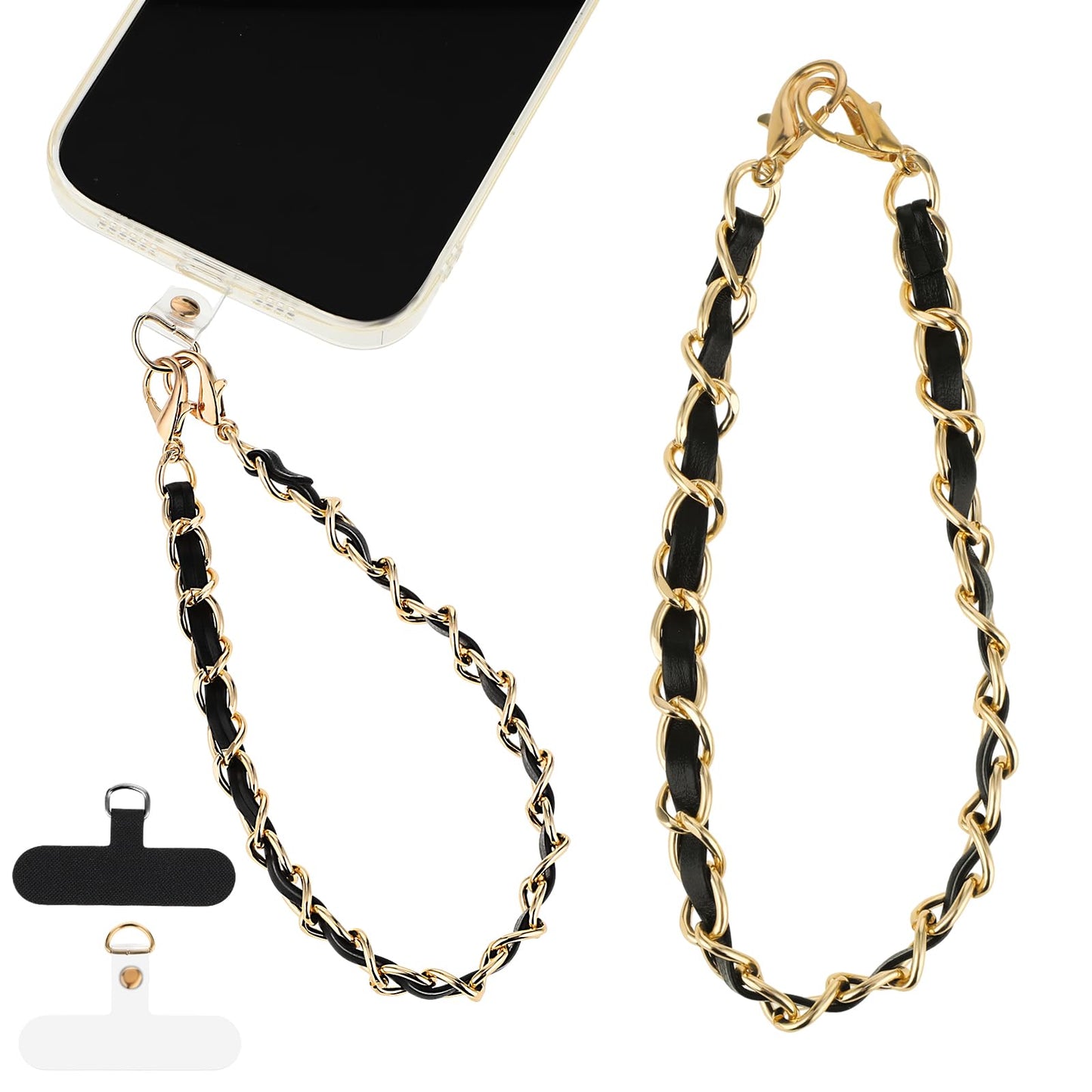 Amaxiu PU Leather Phone Charm for Women, Metal Phone Chain Lanyard Hands-Free Wrist Strap Cellphone Wrist Adjustable Strap Grip Compatible with Most Smartphones(Black Golden)