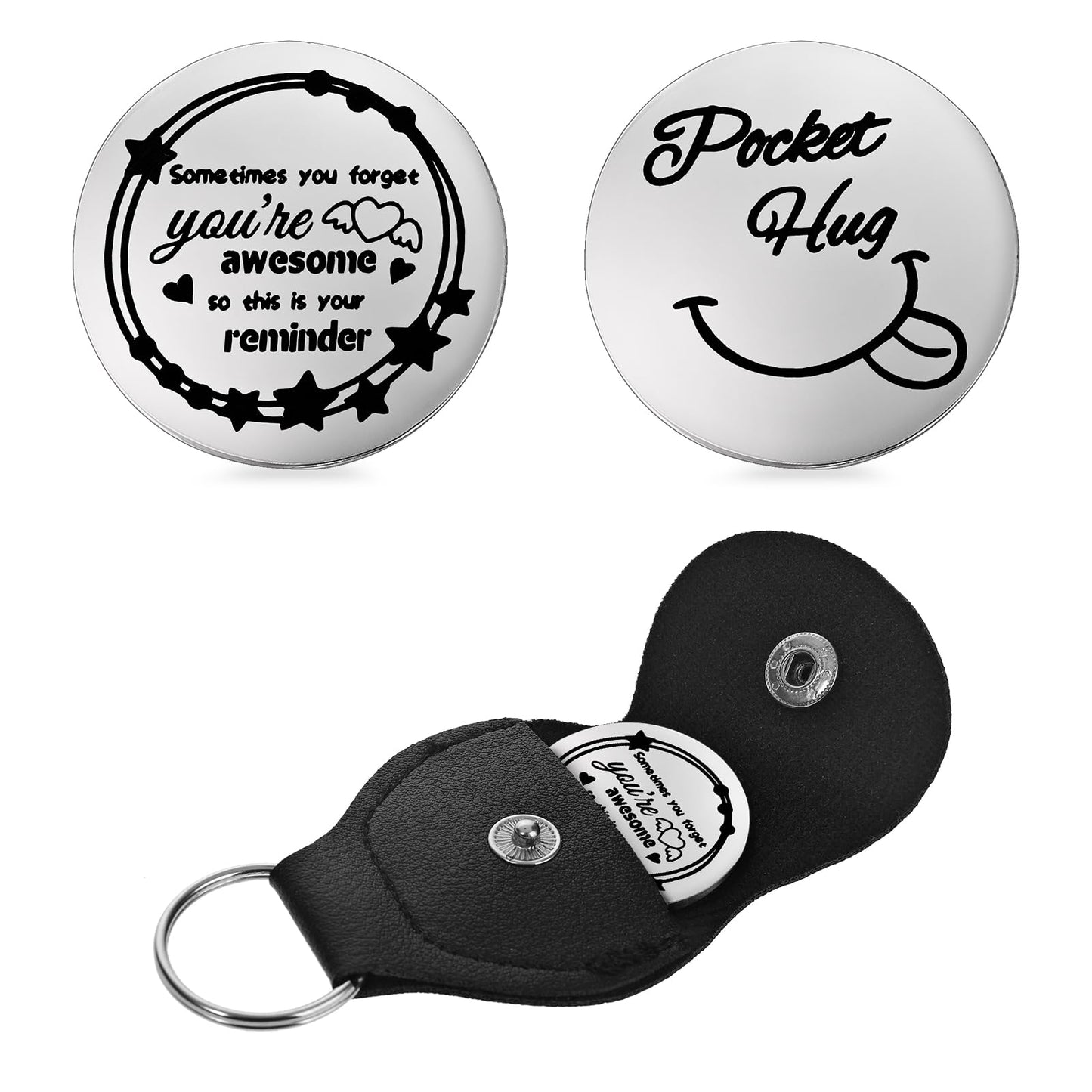 cobee Pocket Hug Token, Encouragement Long Distance Relationship Keepsake Stainless Steel Double Sided Message Engraved Inspirational Pocket Hug Token with Leather Keychain for Men Women(Style-H)